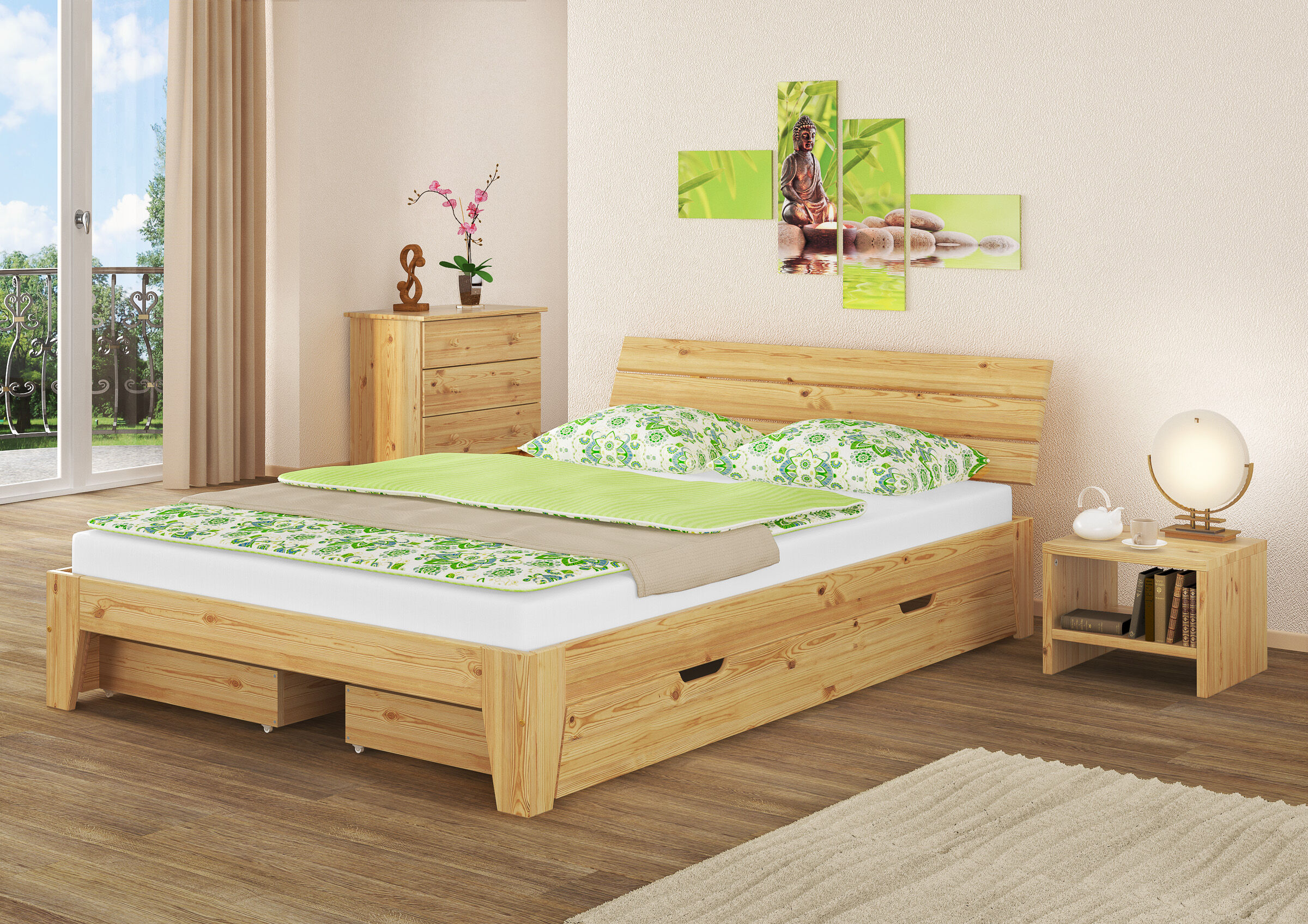 bett, bettgestell, holz, grün, schublade, Zimmerbild Ehebett Kiefer natur