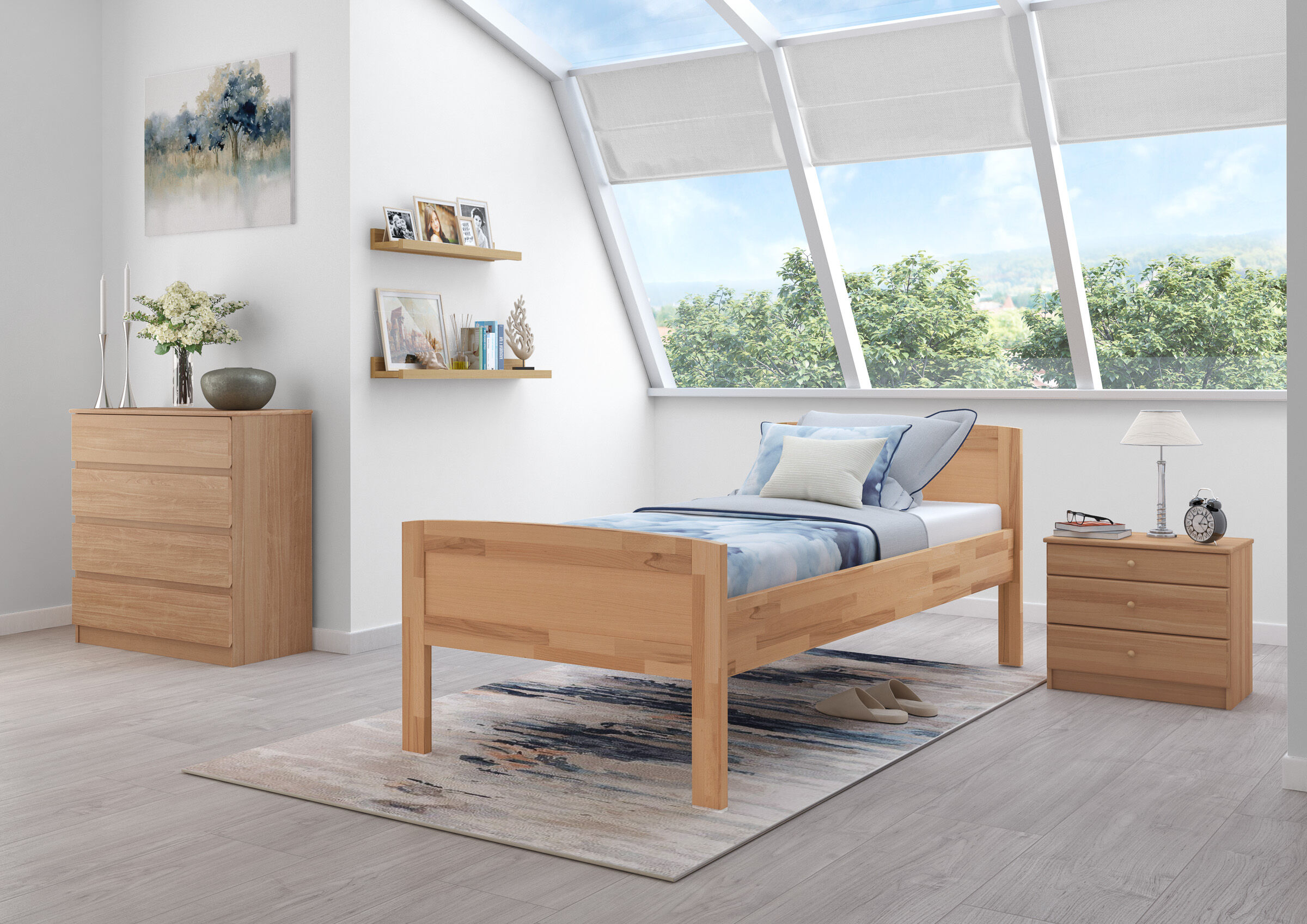 Kinderzimmer, Bett, Holz, Nachttisch, Wandregal, Gästezimmer mit Einzelbett Buche massiv