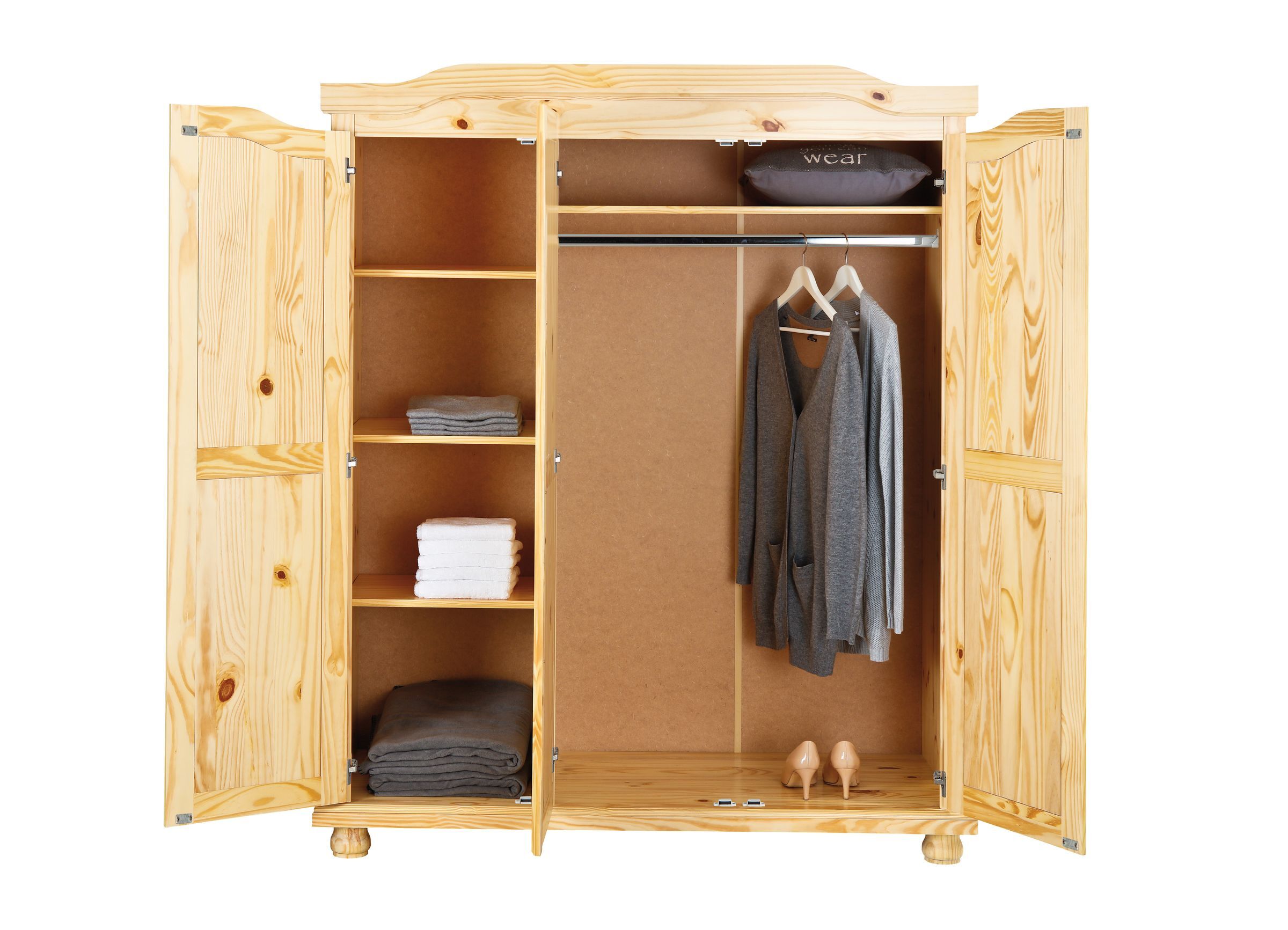 kleiderschrank, holz, garderobe, hosenstange, kleidung, großer Schrank im Landhausstil Kiefer natur