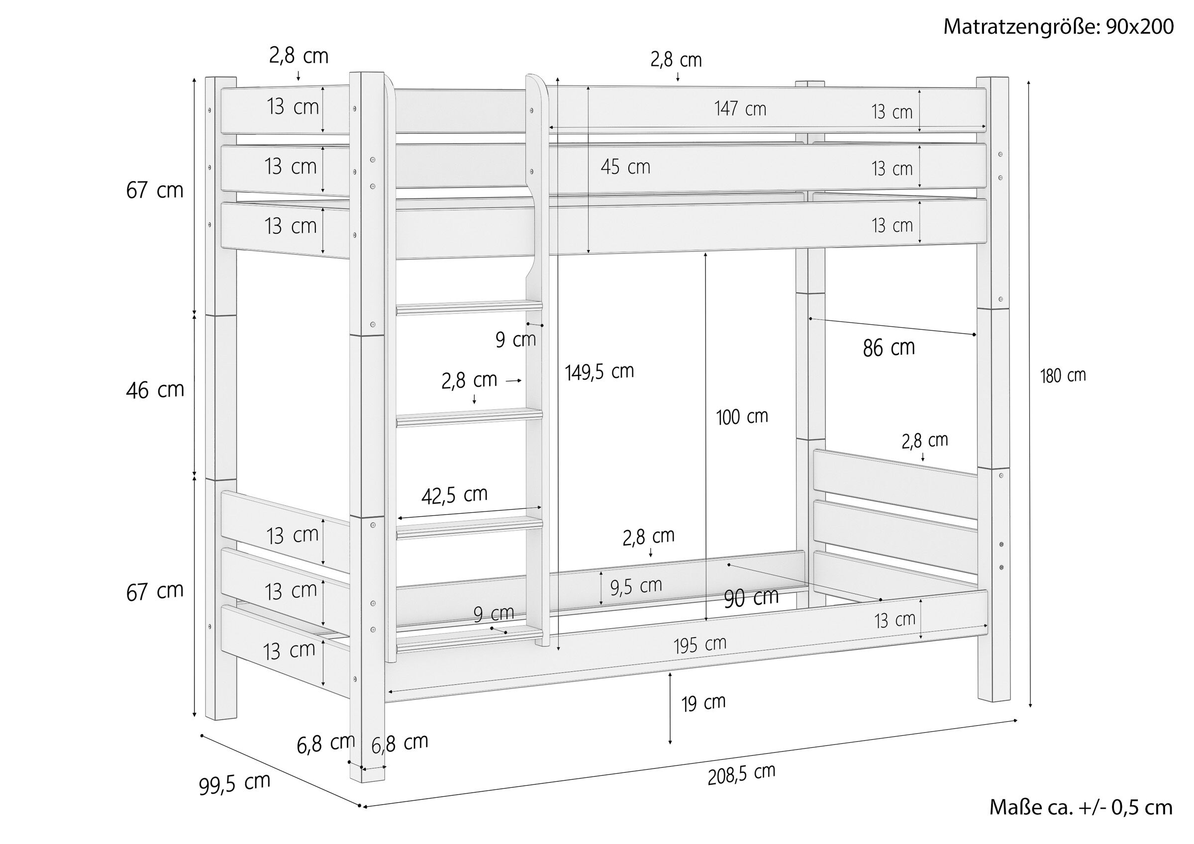 Etagenbett, Holzbett, Jugendbett, Kinderbett, Matratze 90x200, Skizze mit Maße Etagenbett
