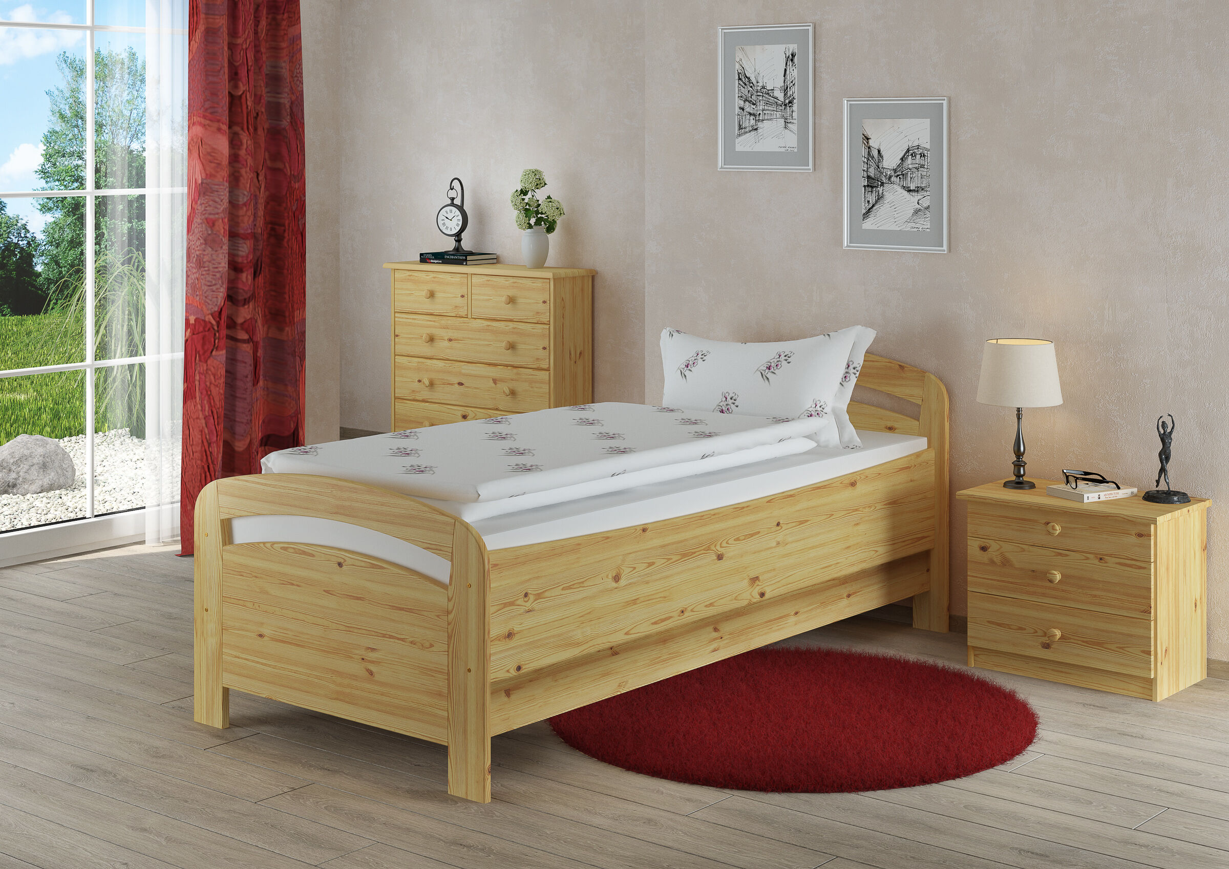 Kleiderschrank?, Holzbett, Holzbettgestell, Nachttisch, Kissenbezug, Seniorenbett 90x220