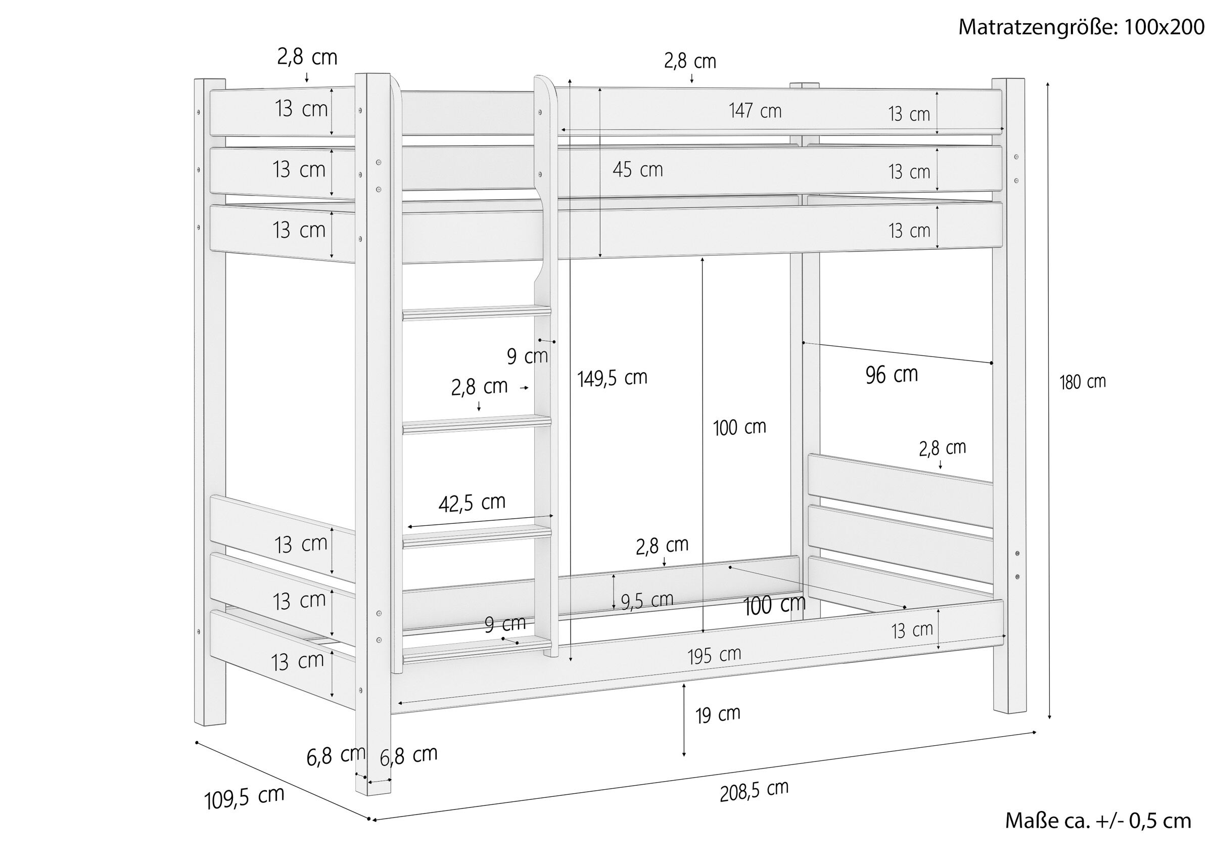 Etagenbett, Holzbett, Möbelmaß, Stockbett, Lattenrostauflage, Skizze mit Maße Etagenbett
