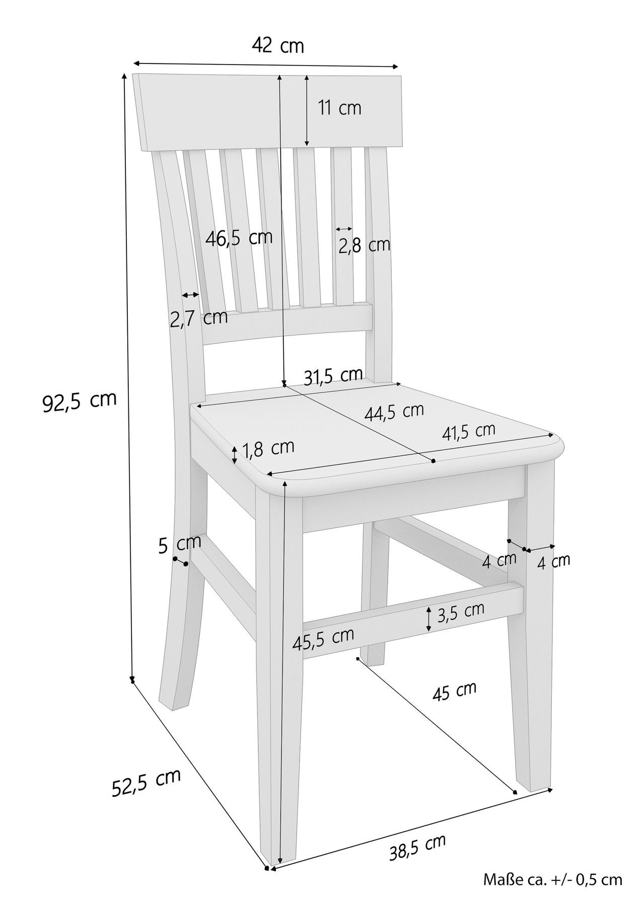 Stuhl, Holzstuhl, Lattenlehne, Abmessungen, Esszimmerstuhl, Skizze mit Maße