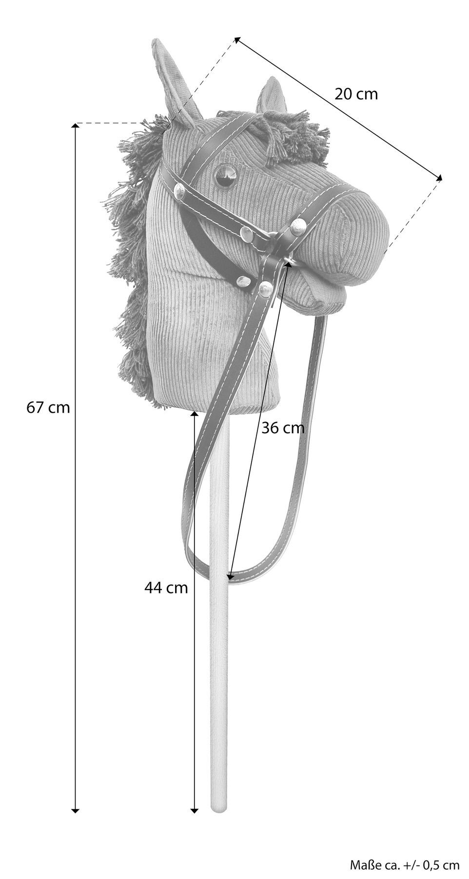 Pferd-Stabpuppe, Stabpuppe, Handpuppe, Pony-Kopf, Holzstab, Skizze mit Maße Steckenpferd