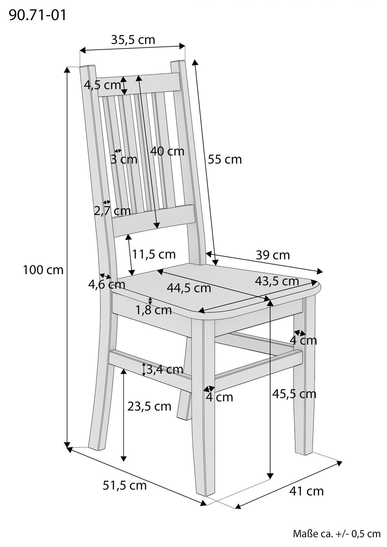 Stuhl, Holzstuhl, Gartenstuhl, Sitzerhöhung, Hohes Rückenlehne, Maßskizze des Stuhls