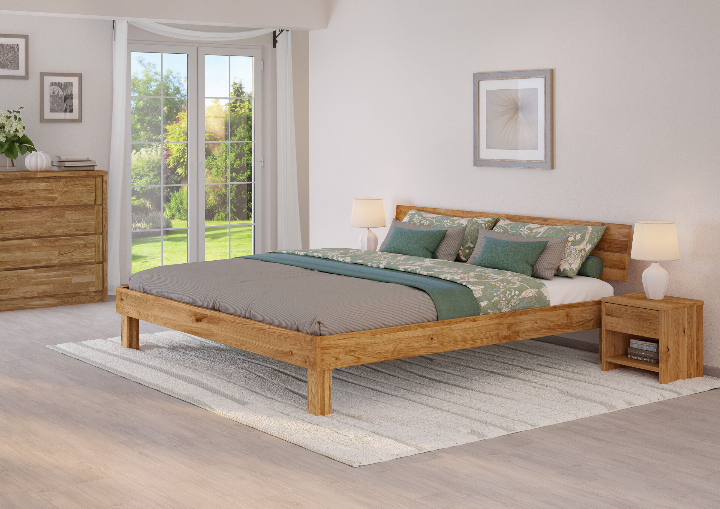 bett, bettgestell, holz, bettwäsche, matte-teppich, Großes Ehebett 200x200 aus Eiche