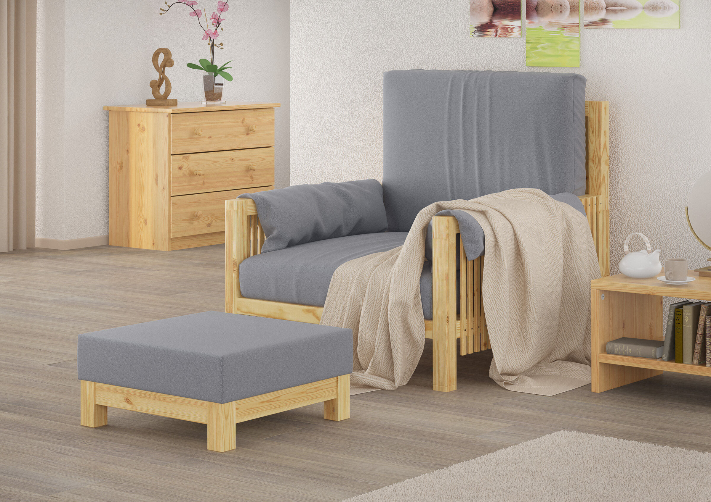 holz, bettrahmen, bett, polster, pouf, Fußhocker-gepolstert-grau-Holz