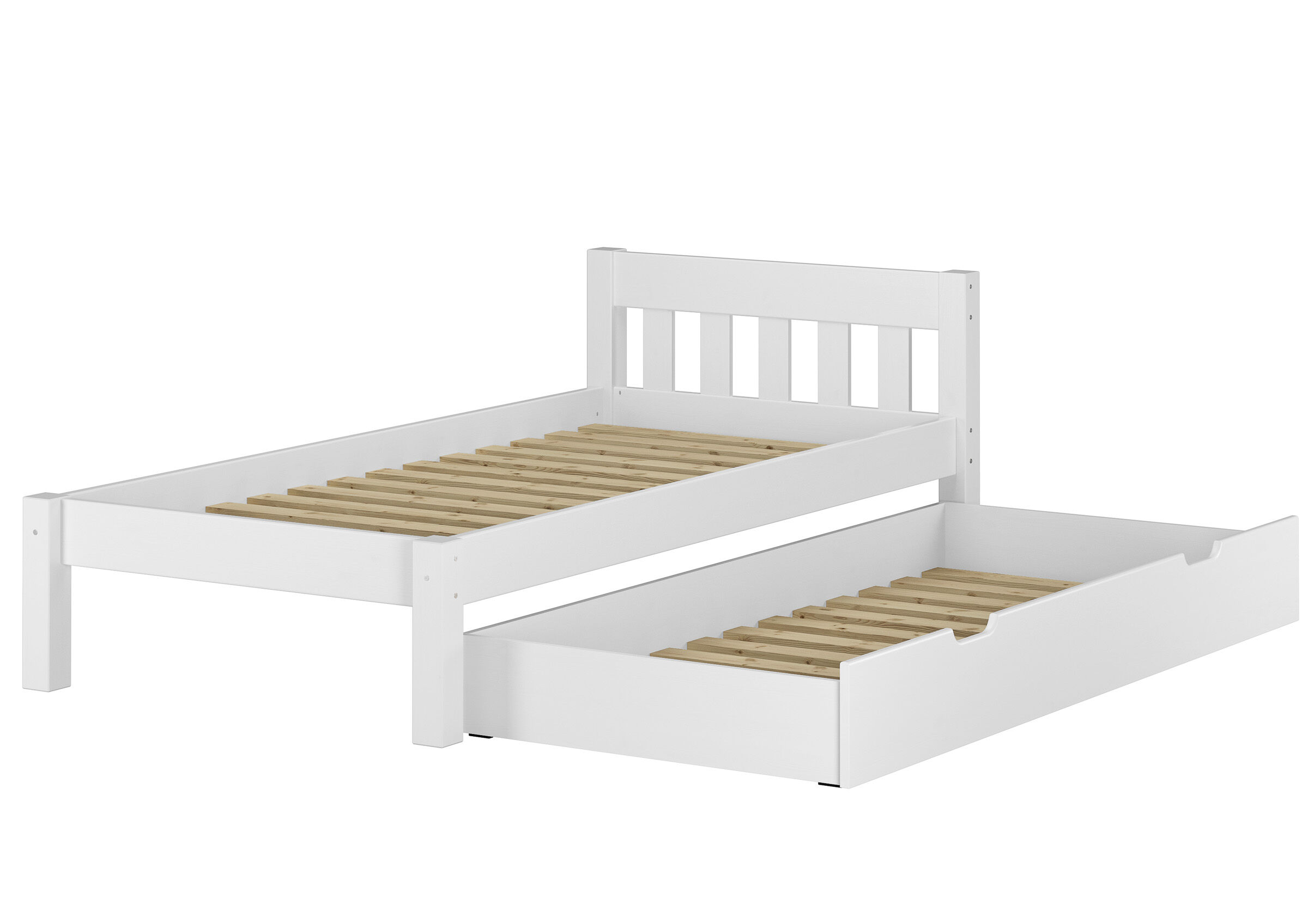 Kinderbett, Holzbett, Schlafbett, Ausziehbett, weißes Bett, Kiefermassivholzbett mit Gästebettkasten weiß
