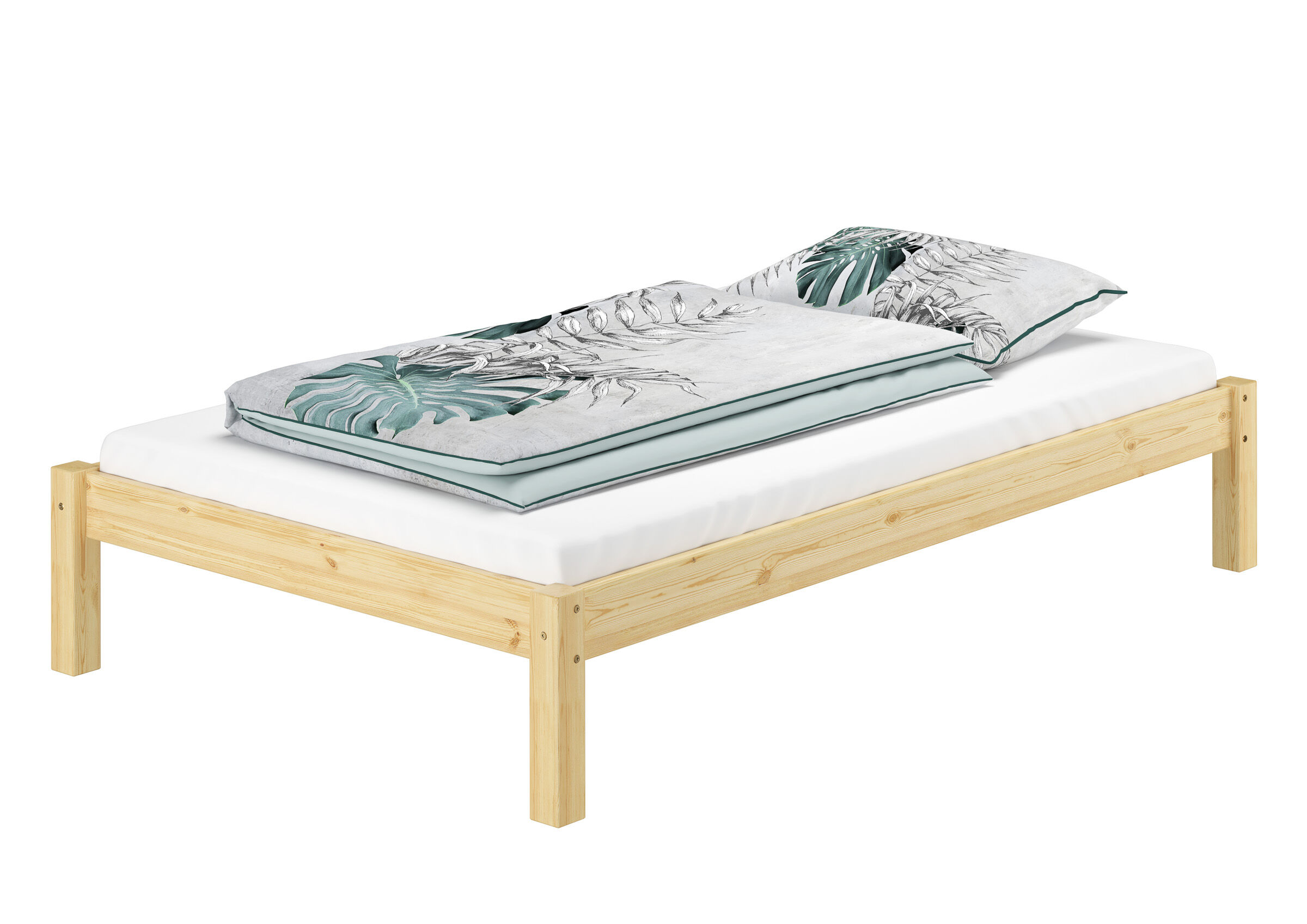 Holzbett, Mini-Bett, Holzrahmen, Bettwäsche, Blättermustern, Einzelbett Kiefer Natur