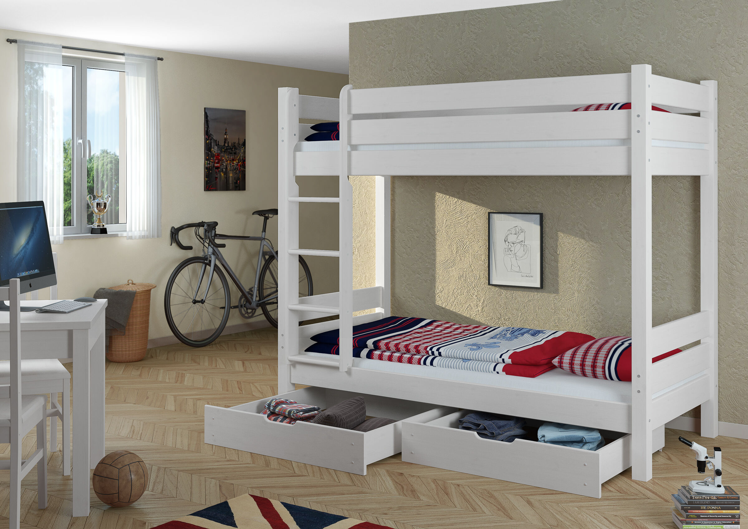 Hochbett, Holz, Weiß, Schubladen, Bettwäsche, Jugendzimmerbild Etagenbett Kiefer weiß