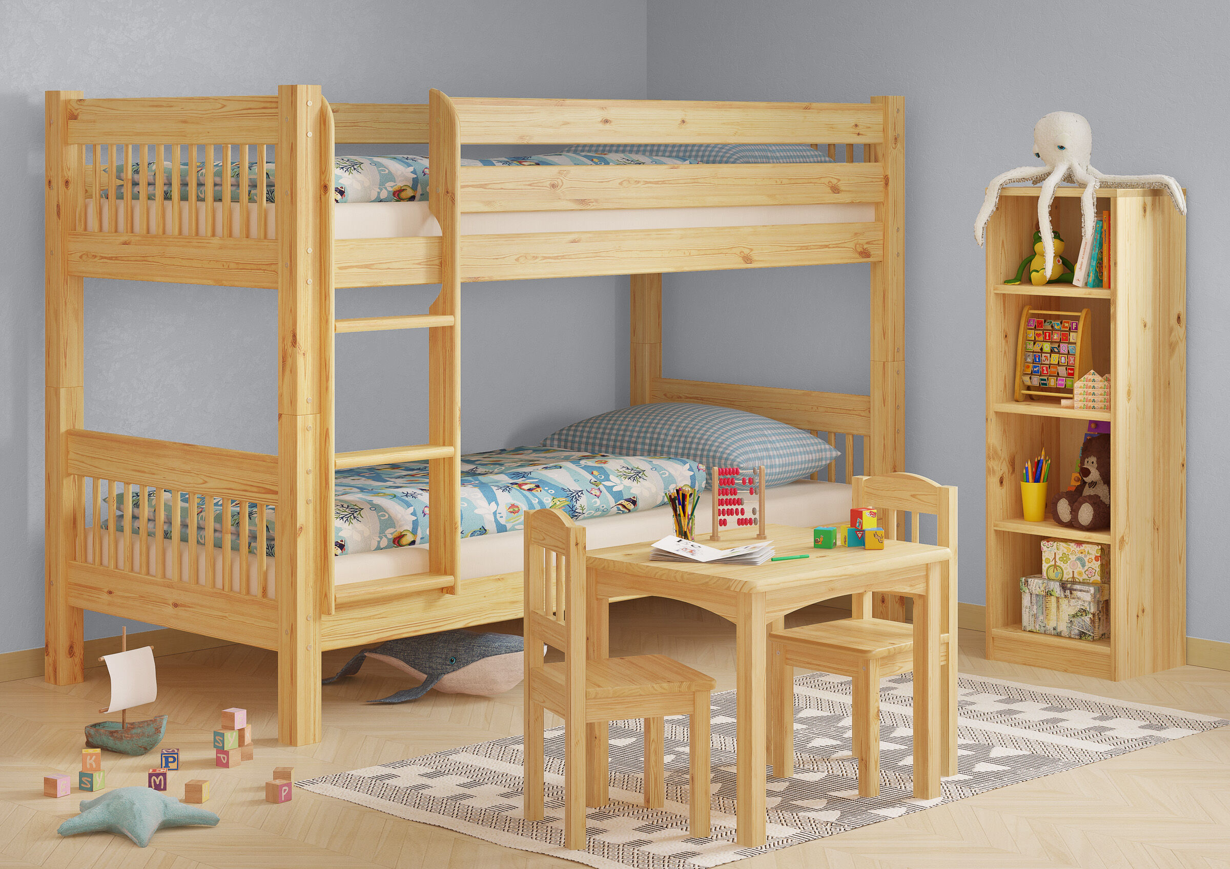 hochbetten, holz, naturholz, naturholz-farben, zimmer-einrichtung, Zimmerbild mit Kindersitzgruppe