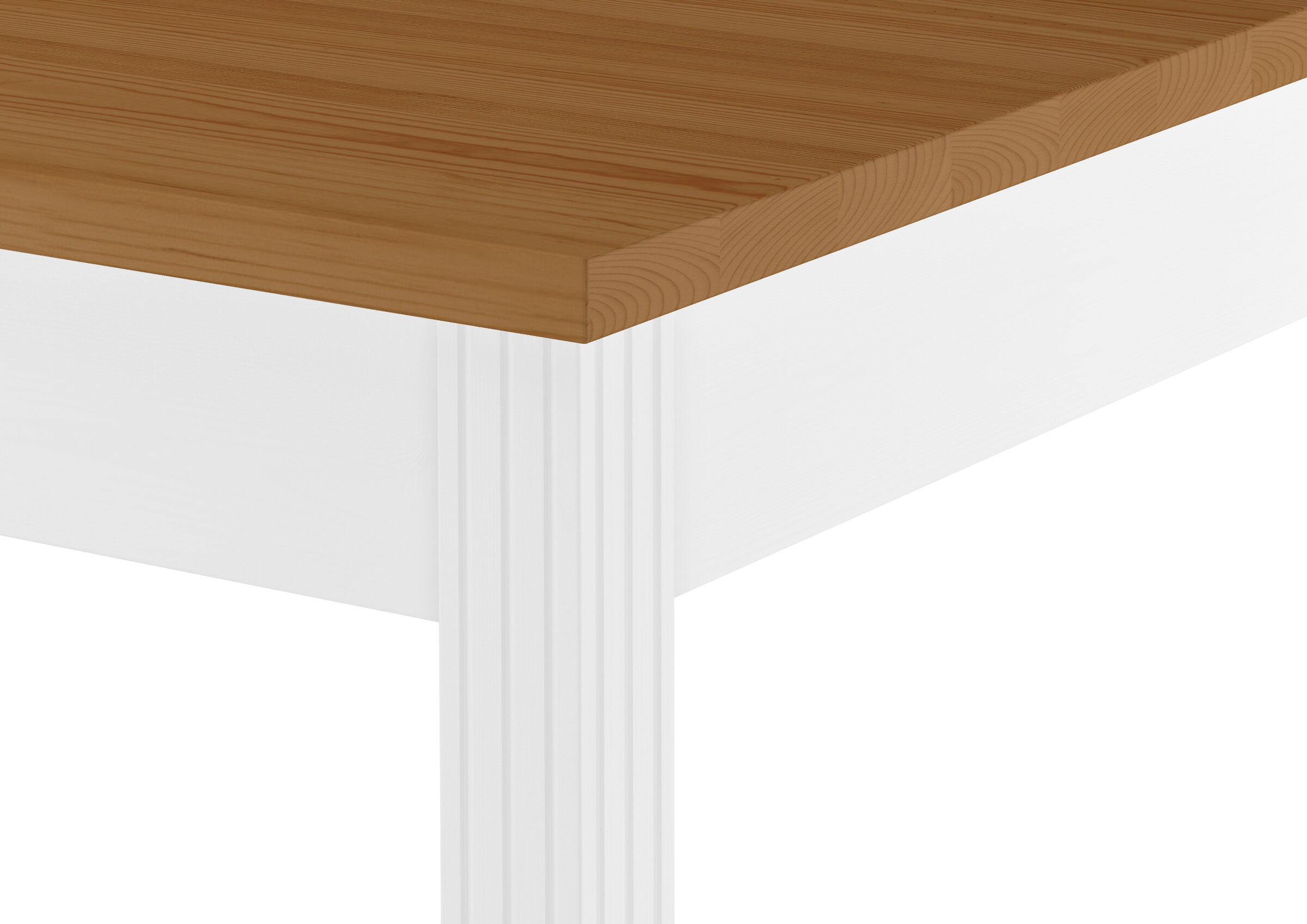 Holz, Tabletop, Braun, weiße Beine, Eckkante, Detail Dekor Tischbein