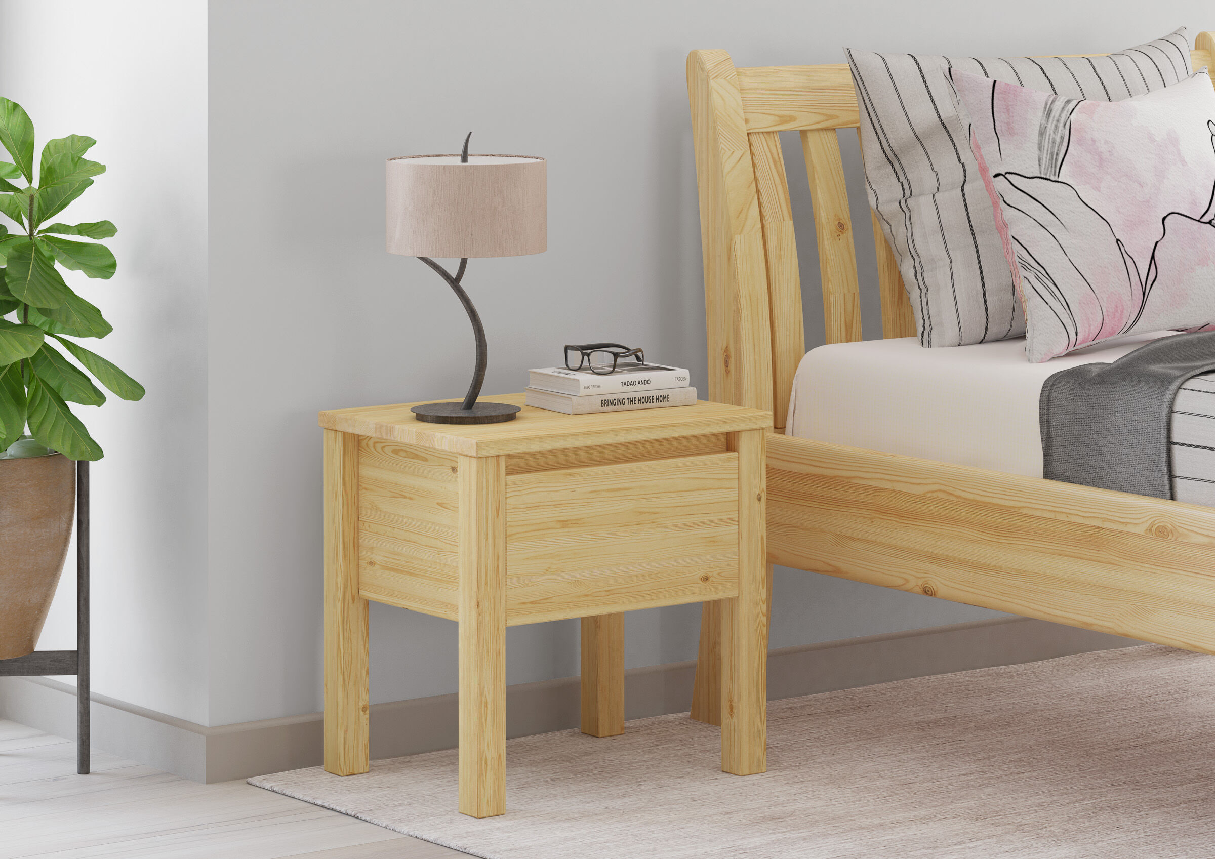 nachtkommode, holz, natürliche farbe, tischlampe, kleine deko, Schlafzimmer mit Nachttisch Kiefer natur