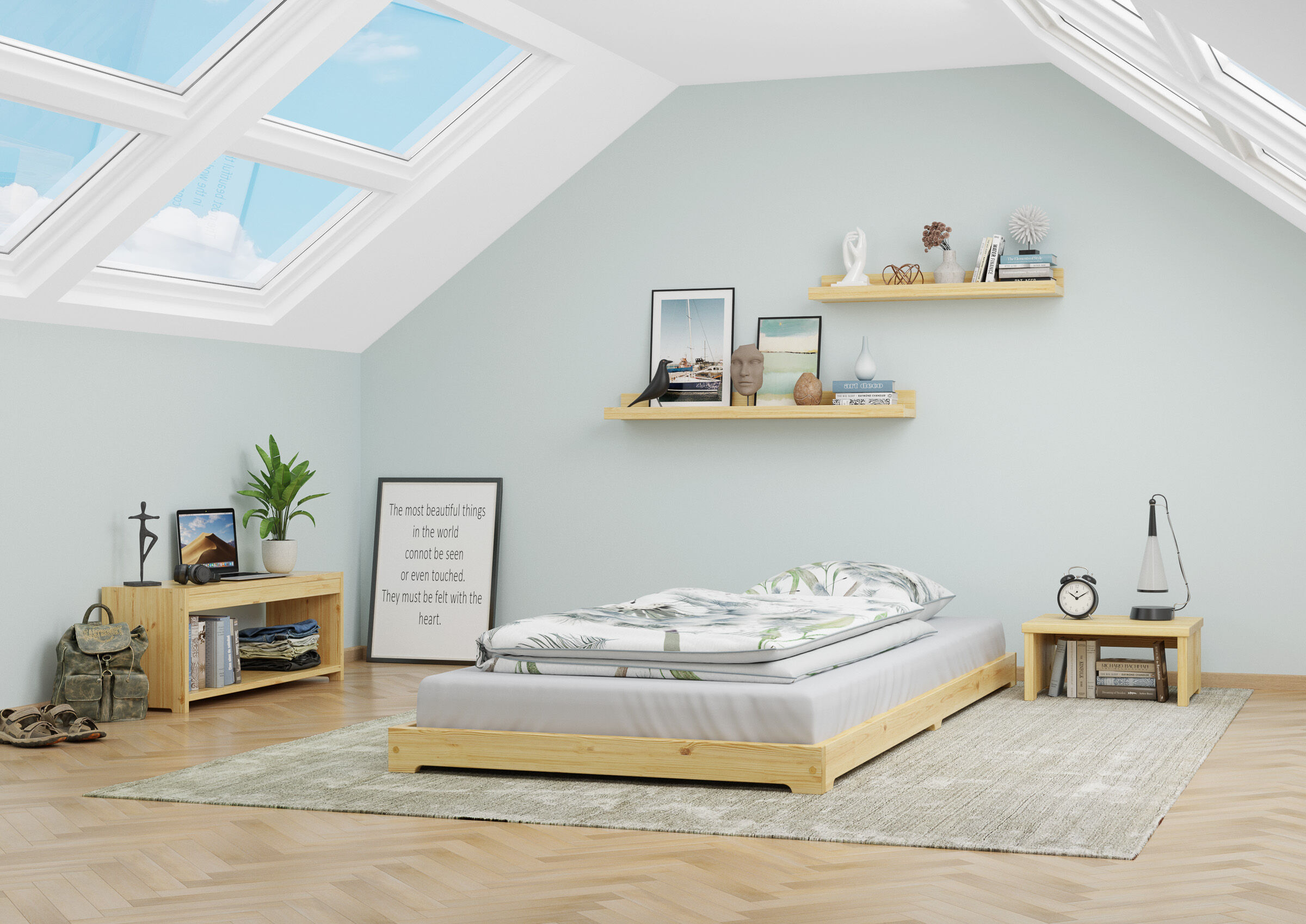 bett, zimmer, lampe, regal, pflanze, Sicheres Kiefernholzbett 80x190