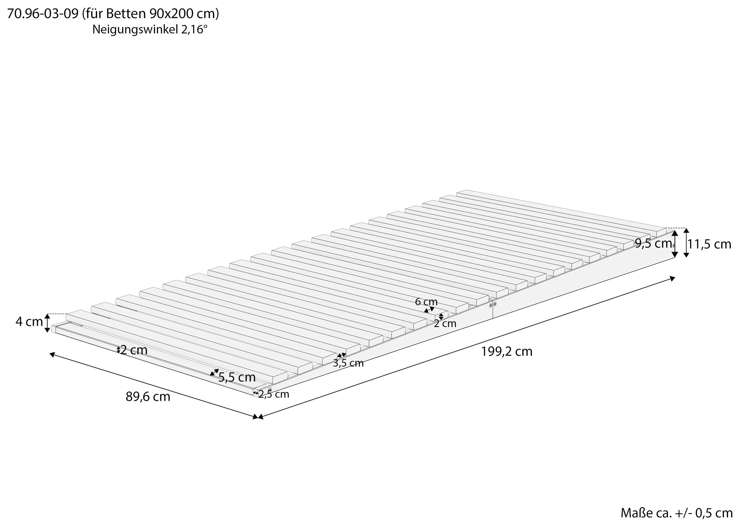 Lattenrost, unteres Bettgestell, Holz, Lattenbretter, Matratzenträger, Maßskizze des Keil-Lattenrostes 90x200