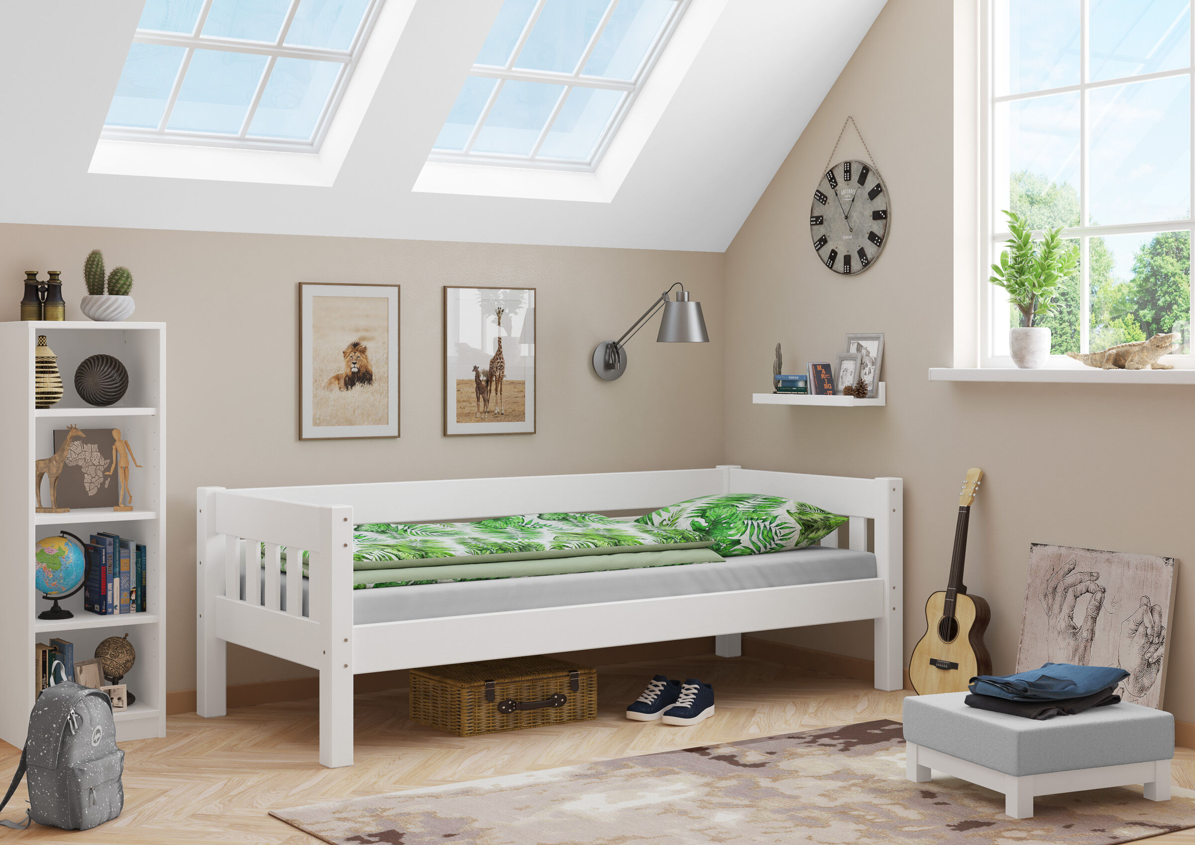 Hochbett, Schlafzimmer, Holzbettrahmen, Grünes Bettzeug, Gitarre, weißes-couchbett-kinder-90x200