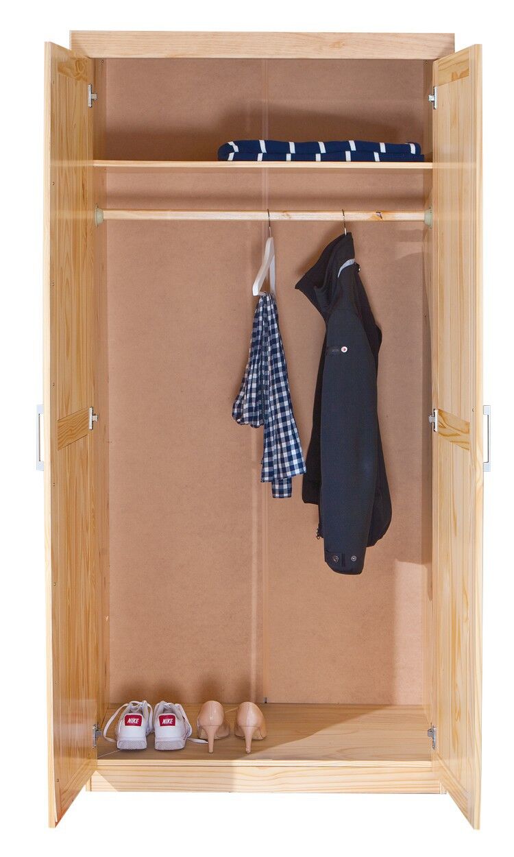 Garderobe, Kleiderschrank, Aufhängeregal, Schuhe, Kleidung, Holzschrank Innenansicht - mit Kleidung und Schuhe drinnen