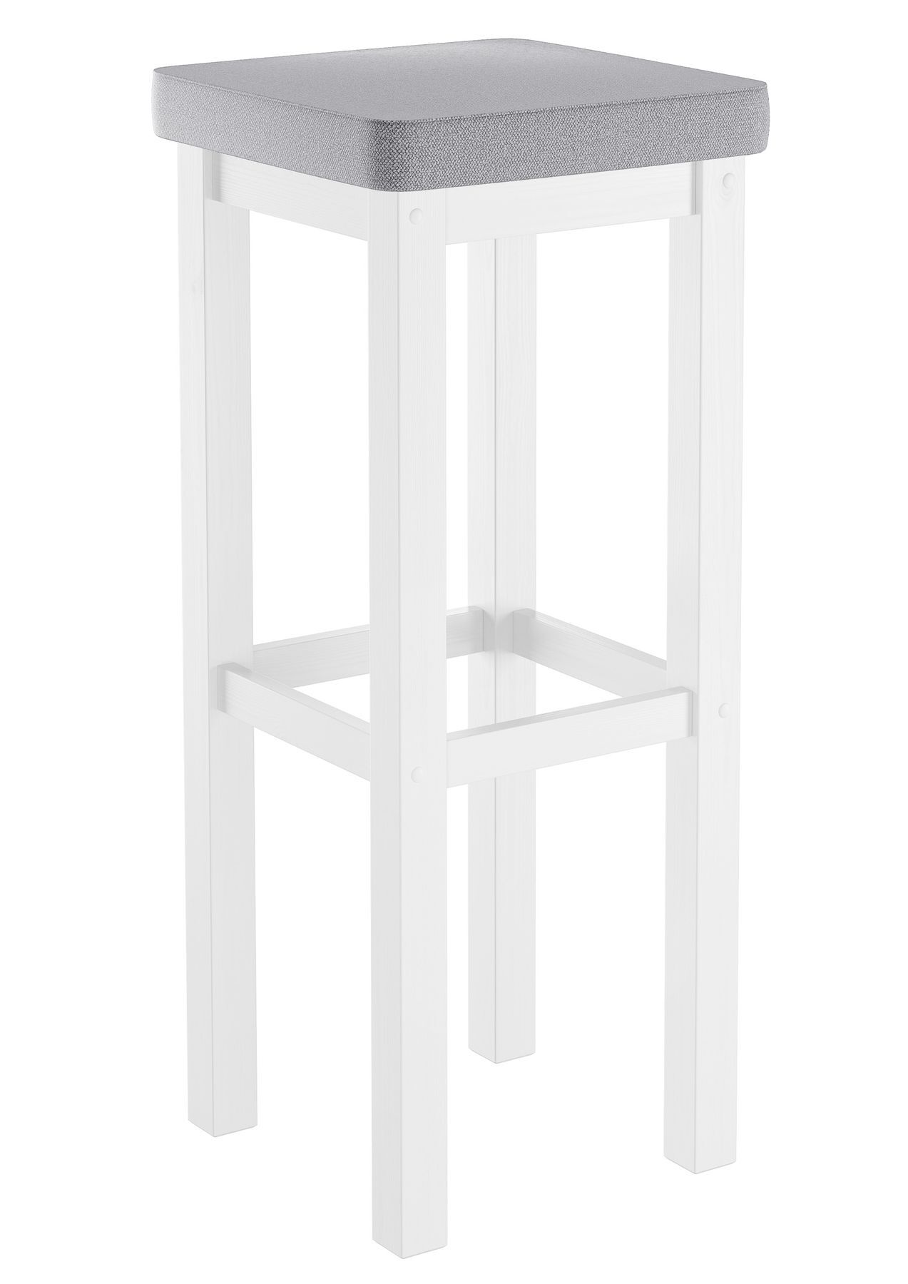 Stehende Barhocker, Hocker, Holzstuhl, weiße Beine, Grau gepolsterte Sitzfläche, grauer-Barhocker-gepolstert-80cm
