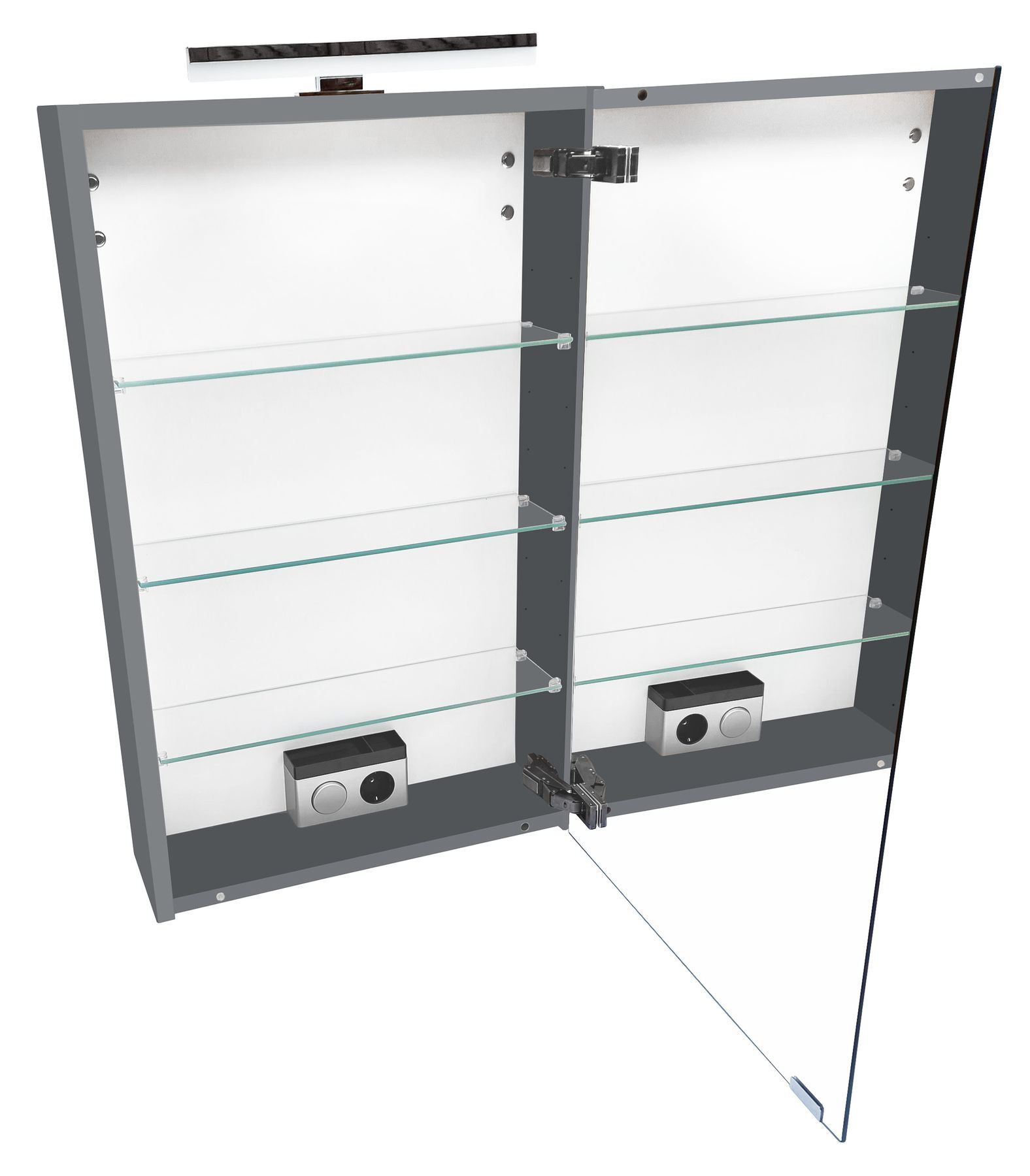 Vitrine, Glasböden, Metallrahmen, Schranktür, Beleuchtungskonsole, Innenraum des grauen Spiegelschranks