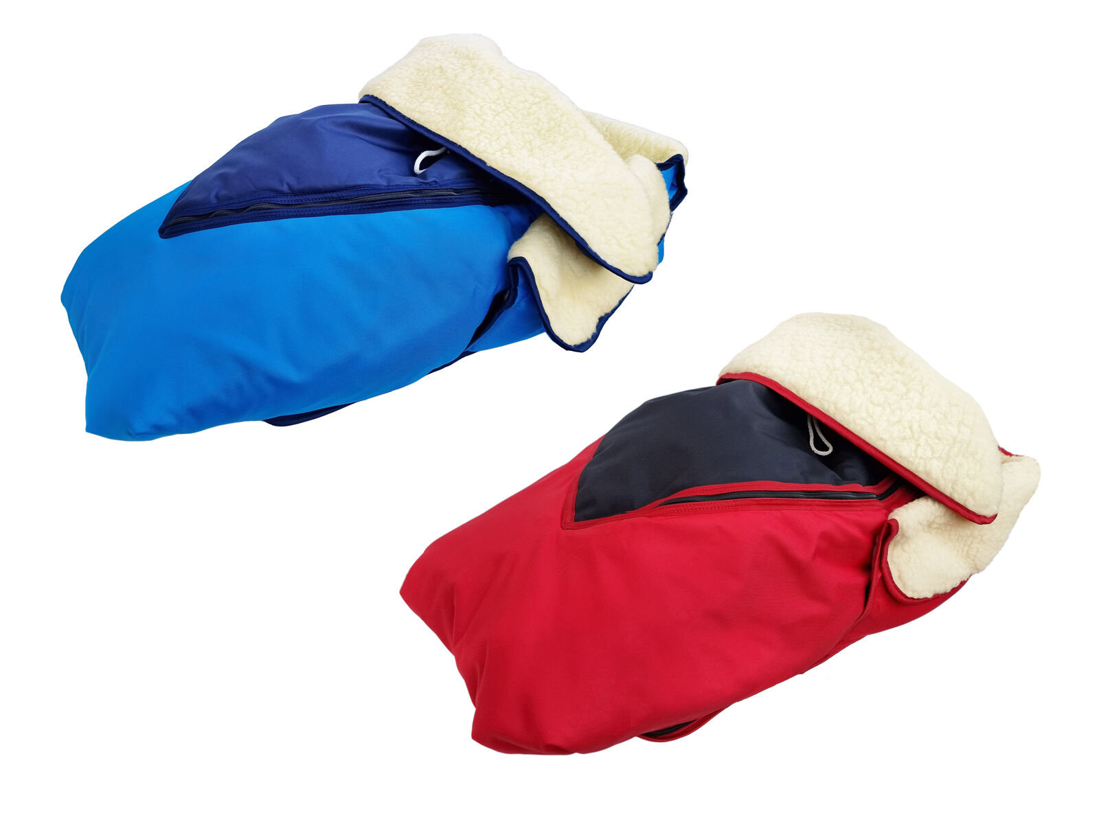 Bekleidung, Hut, Mütze, Mantel, Weste, Lammfellfußsack rot und blau