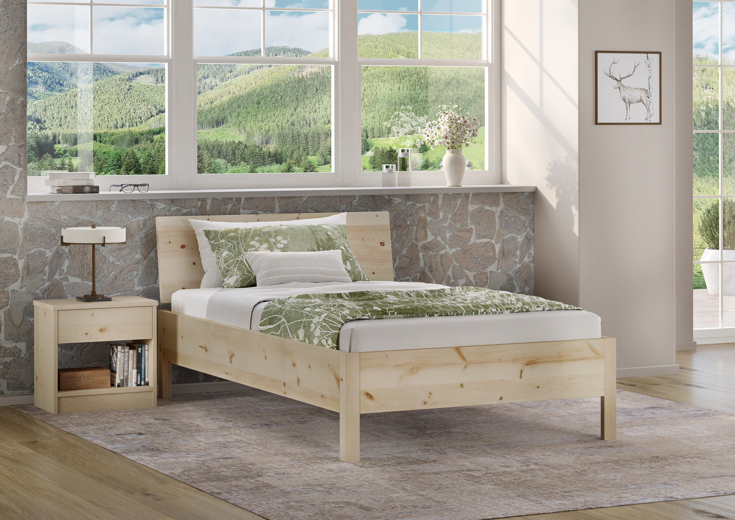 Innenarchitektur, Mobiliar, Bett, Dekoration für Zuhause, Teppich, Stabiles Echtholzbett 120x200 im Schlafzimmer