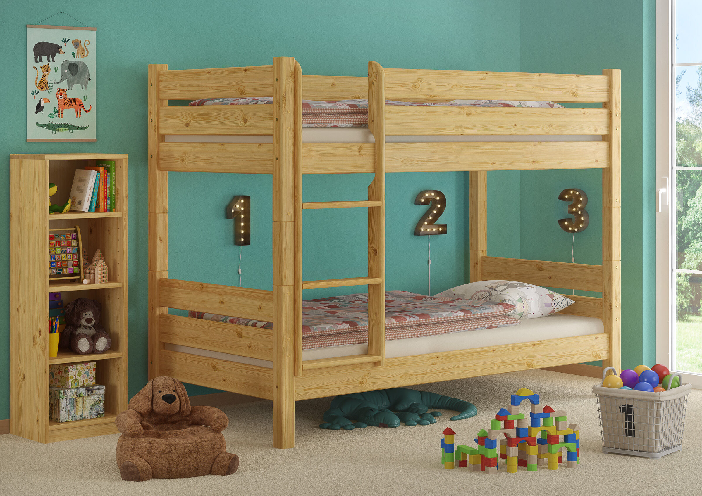 Holzbett, Etagenbett, Kinderzimmer, Kiefernholz, Hochbett mit Leiter, Kinderzimmer Etagenbett Kiefer