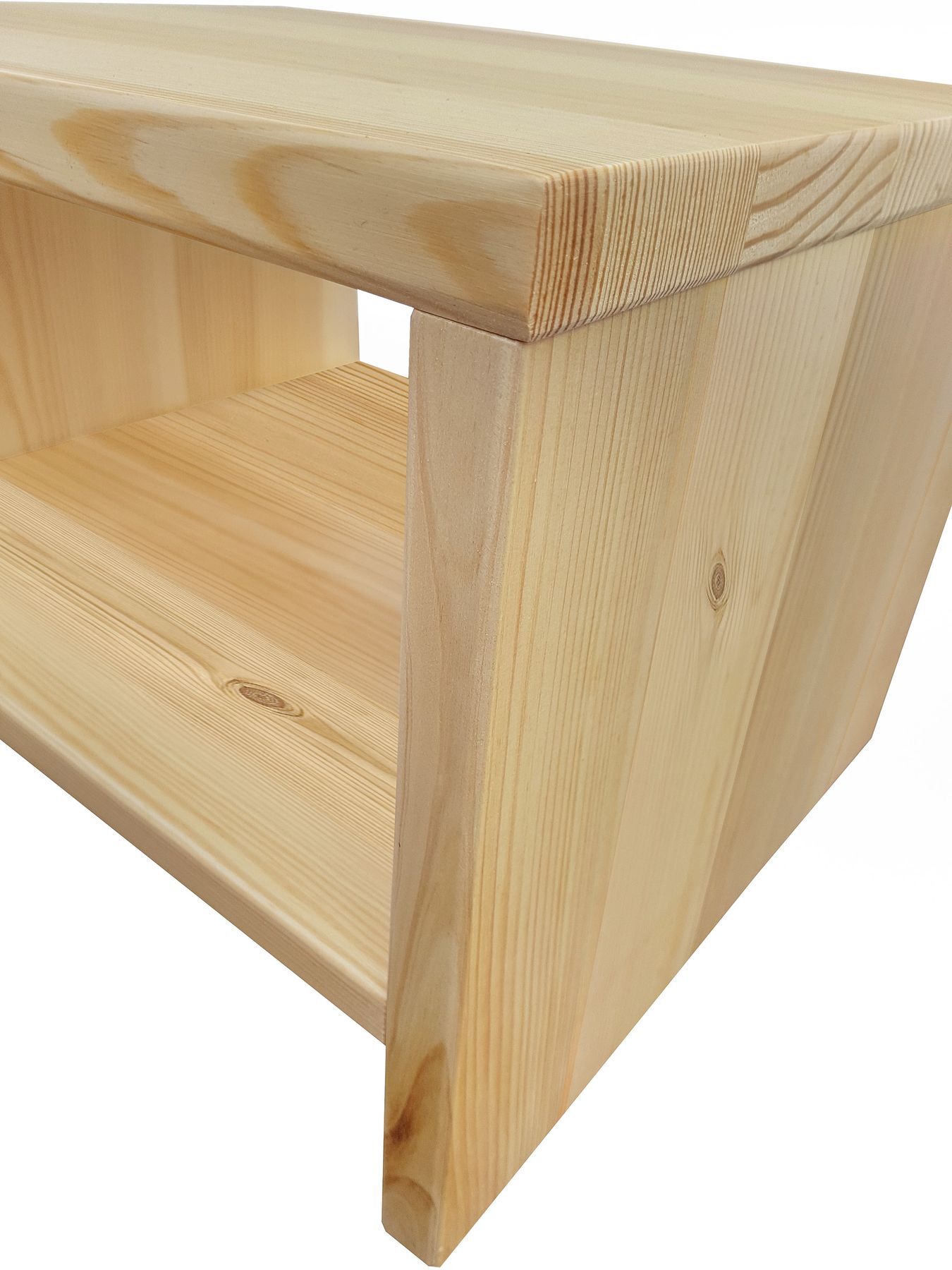 Holztisch, Holzregal, Naturholz, Massivholz, Holzplatte, Kiefernachttisch im Detail