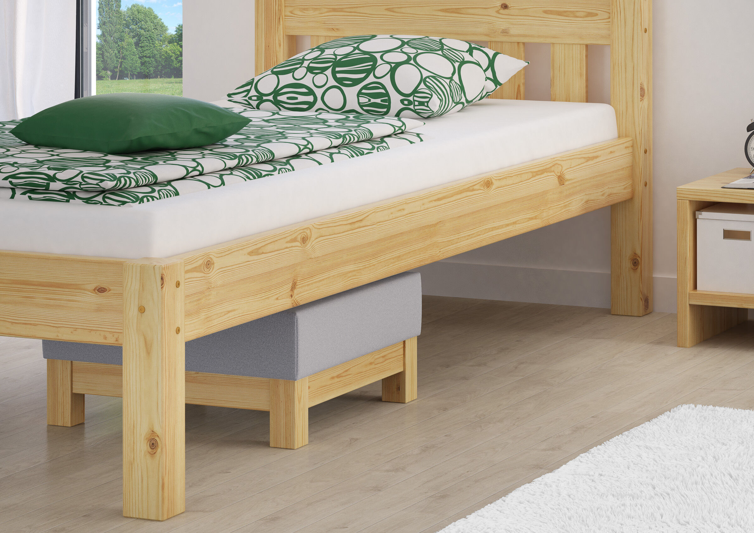 Holzbett, Bettrahmen, Frisiert, Lattenrost, Bettkasten, Sitzhocker-Polster-grau-Holz