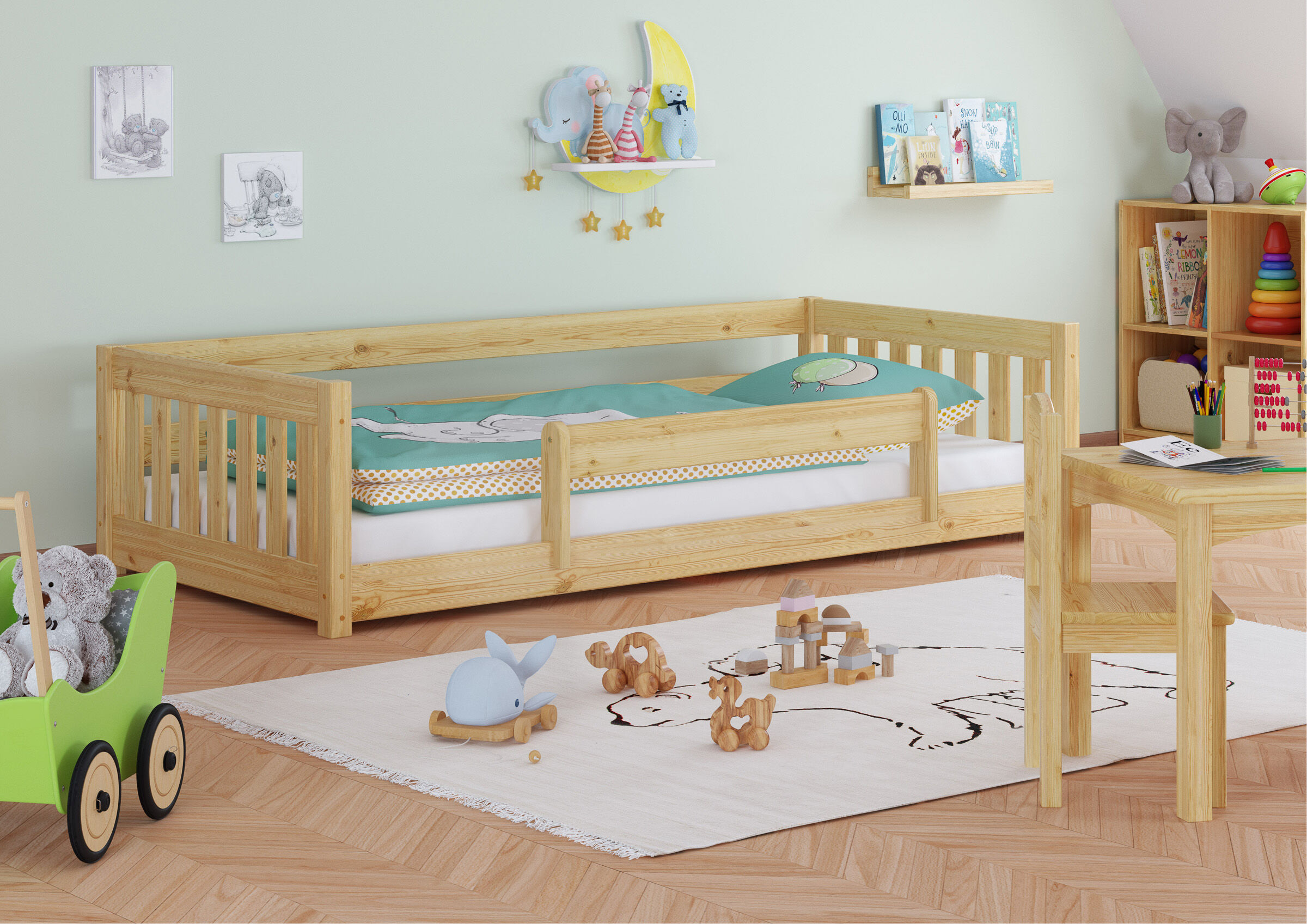 Kinderbett, Holzbett, Teilmassiv, Naturholz, Kinderzimmer, Kindersicherung