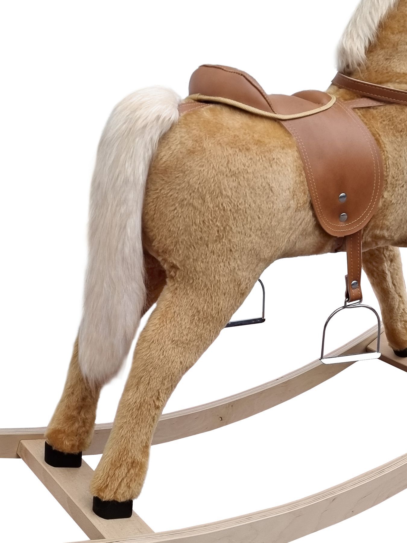 Pferd, Schaukelpferd, Sattel, Sattelgurt, Hohlstock, Detailbild Schaukelpferd