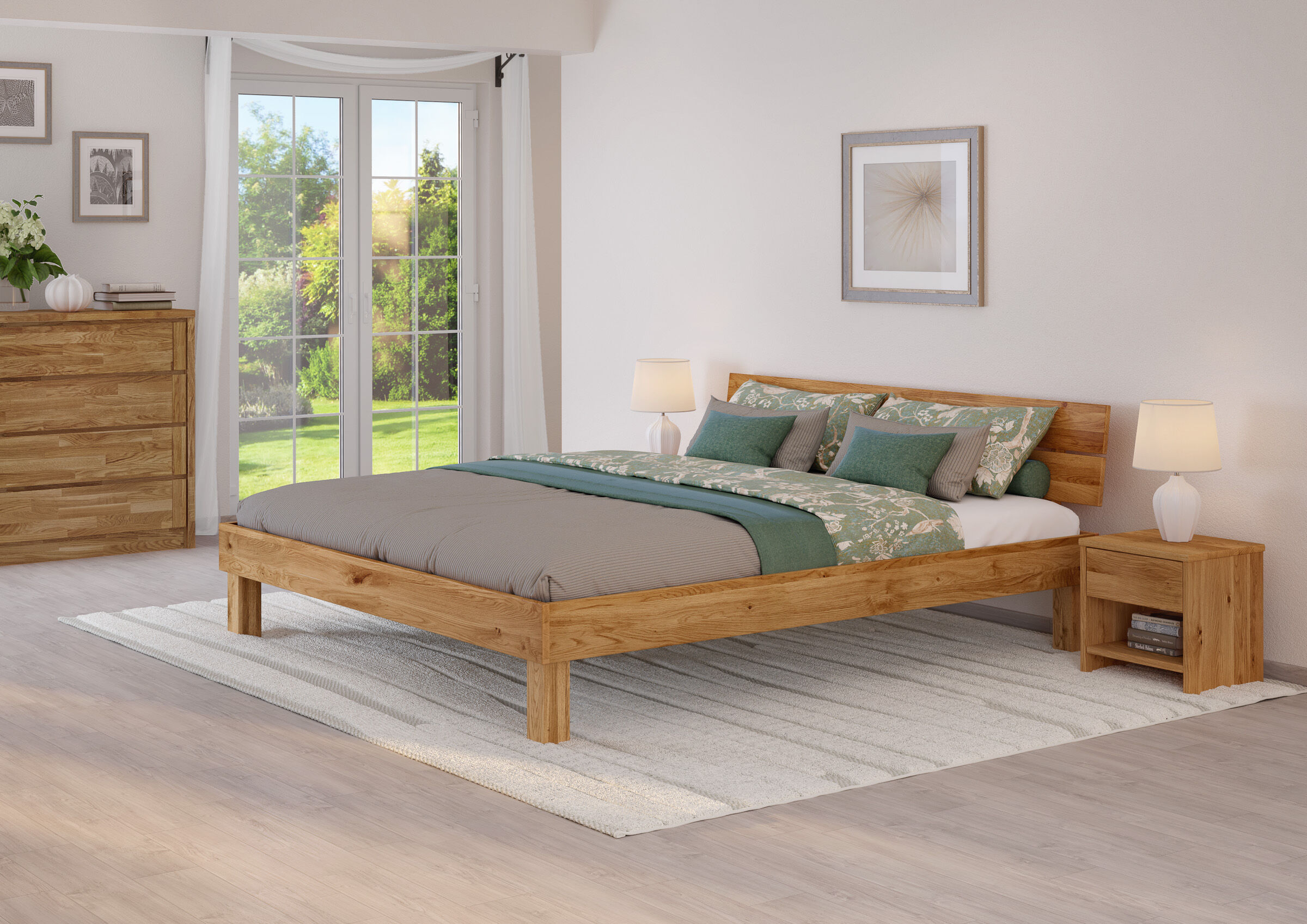 bett, holzbettrahmen, nachtendbeistelltisch?, Eichenbett 180x200 im Schlafzimmer