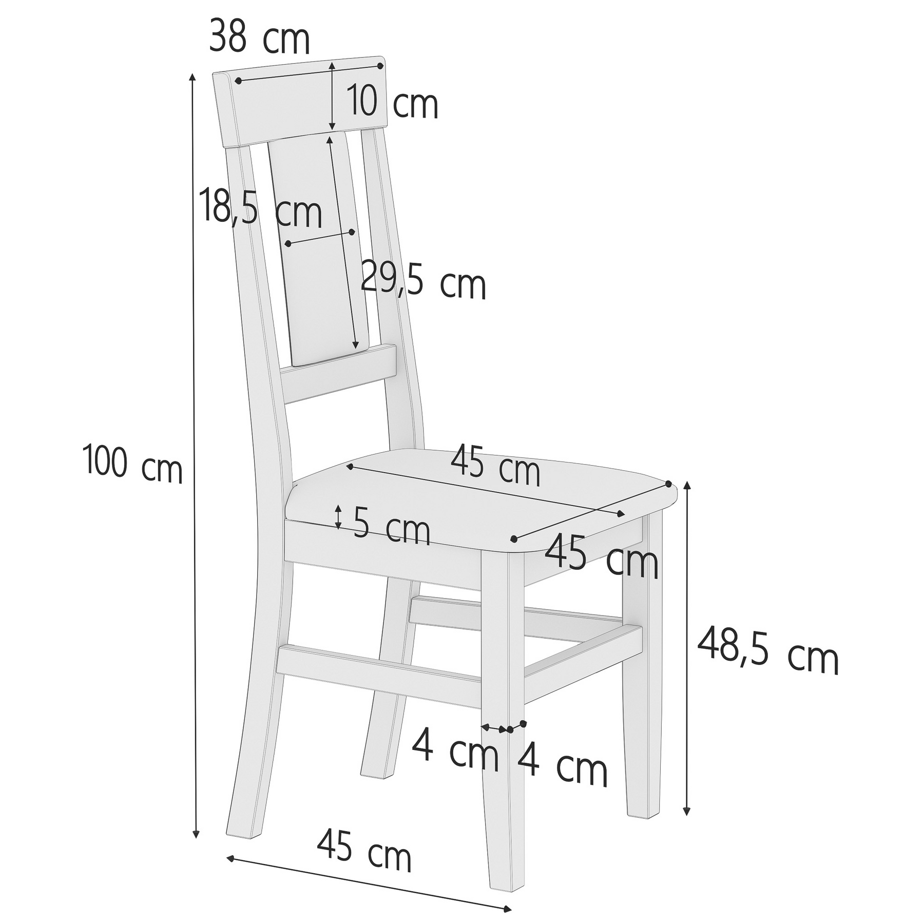 Stuhl, Schreinerstuhl, Holzstuhl, Holzstuhl mit Rückenlehne, Stuhlmaß 45x45,  Stabiler Holzstuhl aus massiver Kiefer, Modell 25 Bezug Grau, waschweiß lackiert, Modernes Design mit gepolstertem Sitz und Lehne, Schema mit Maße