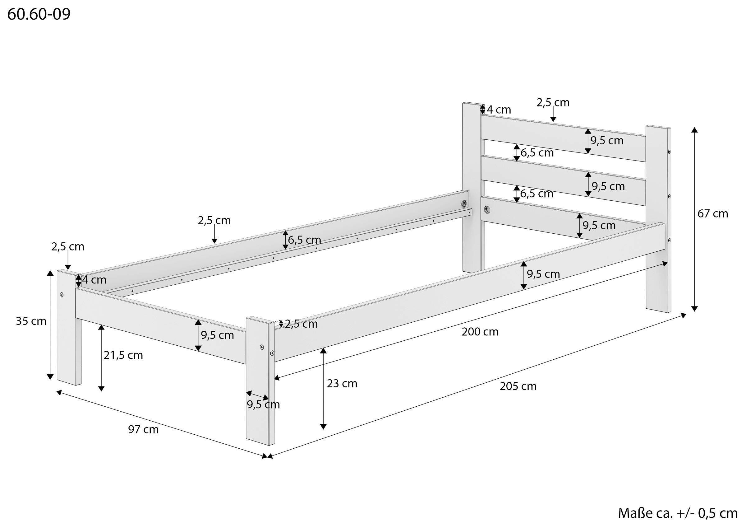 Hochbett, Holzbettrahmen, Fullsize-Bett, Bettgestell, Maßeangaben, Maße des Einzelbettes 90x200