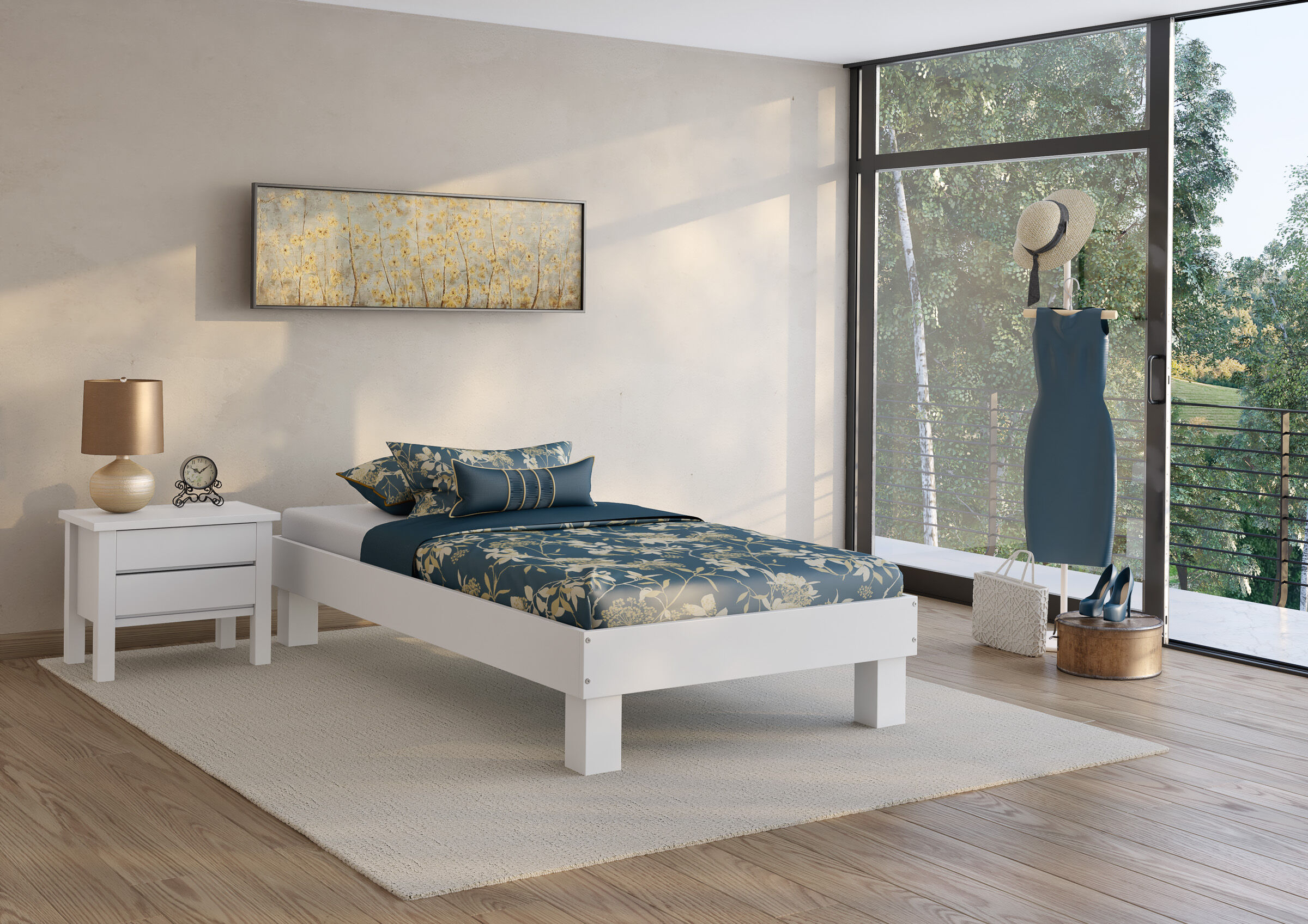 Innenarchitektur, Inneneinrichtung, Bett, Mobiliar, Teppich, Schlafzimmerbild des weißen Echtholzbettes 90x220