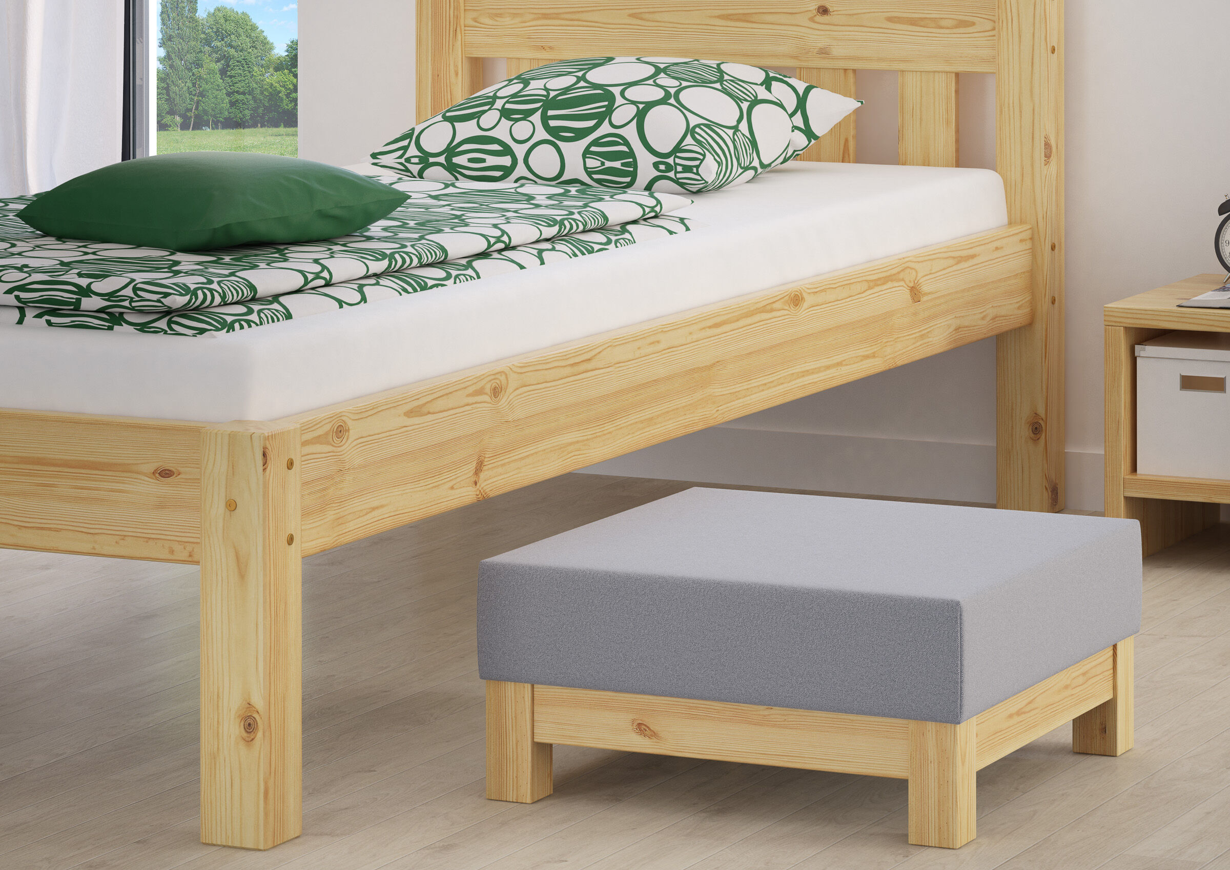 Holzbett, Holzrahmen, Bettgestell, Bettbank, graue Bank, niedriger-Hocker-gepolstert-50x50