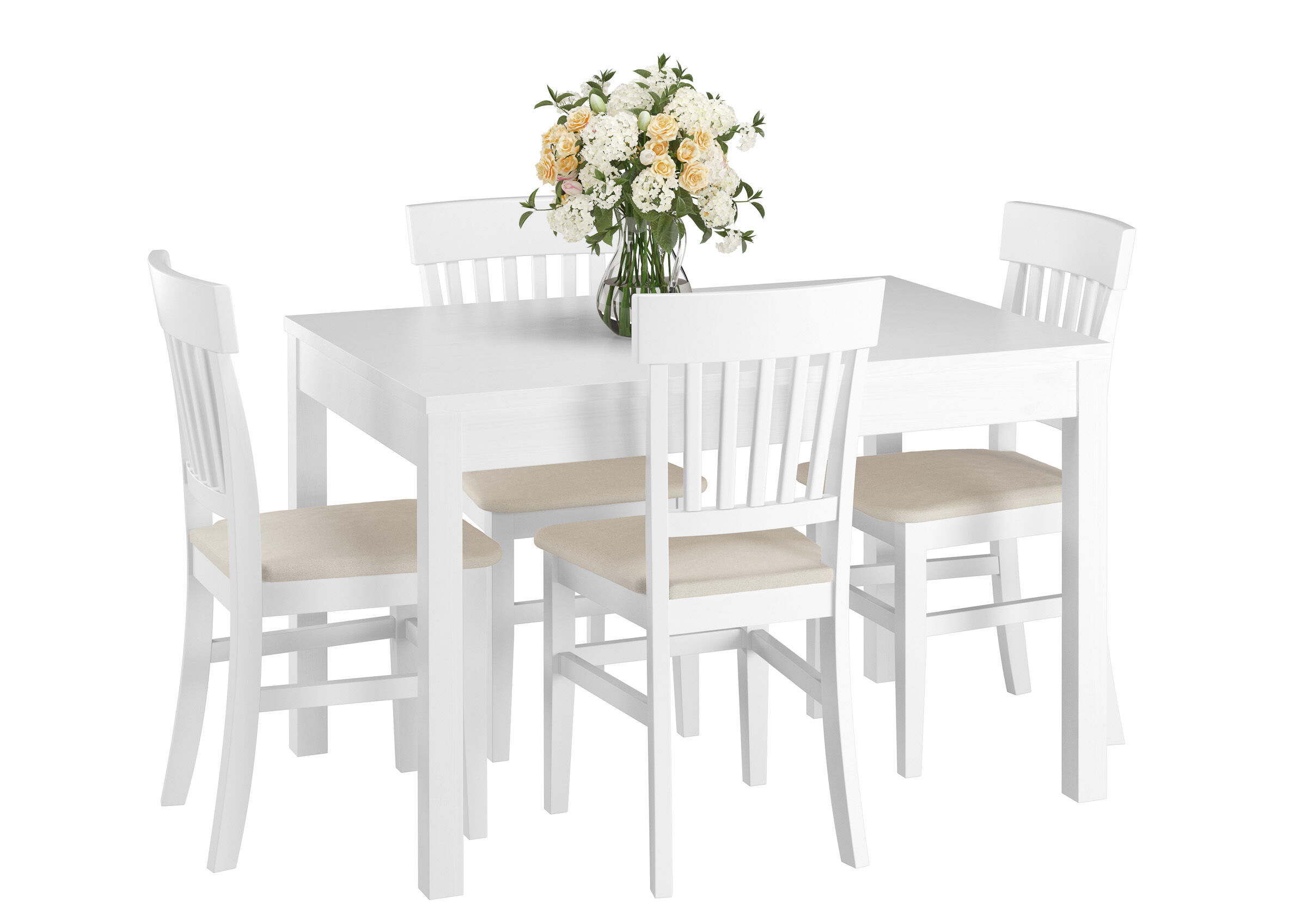 Esstischset, Holztisch, weißer Tisch, Stühle, Blumenstrauß, Esszimmergarnitur weiß mit Sitzfläche beige