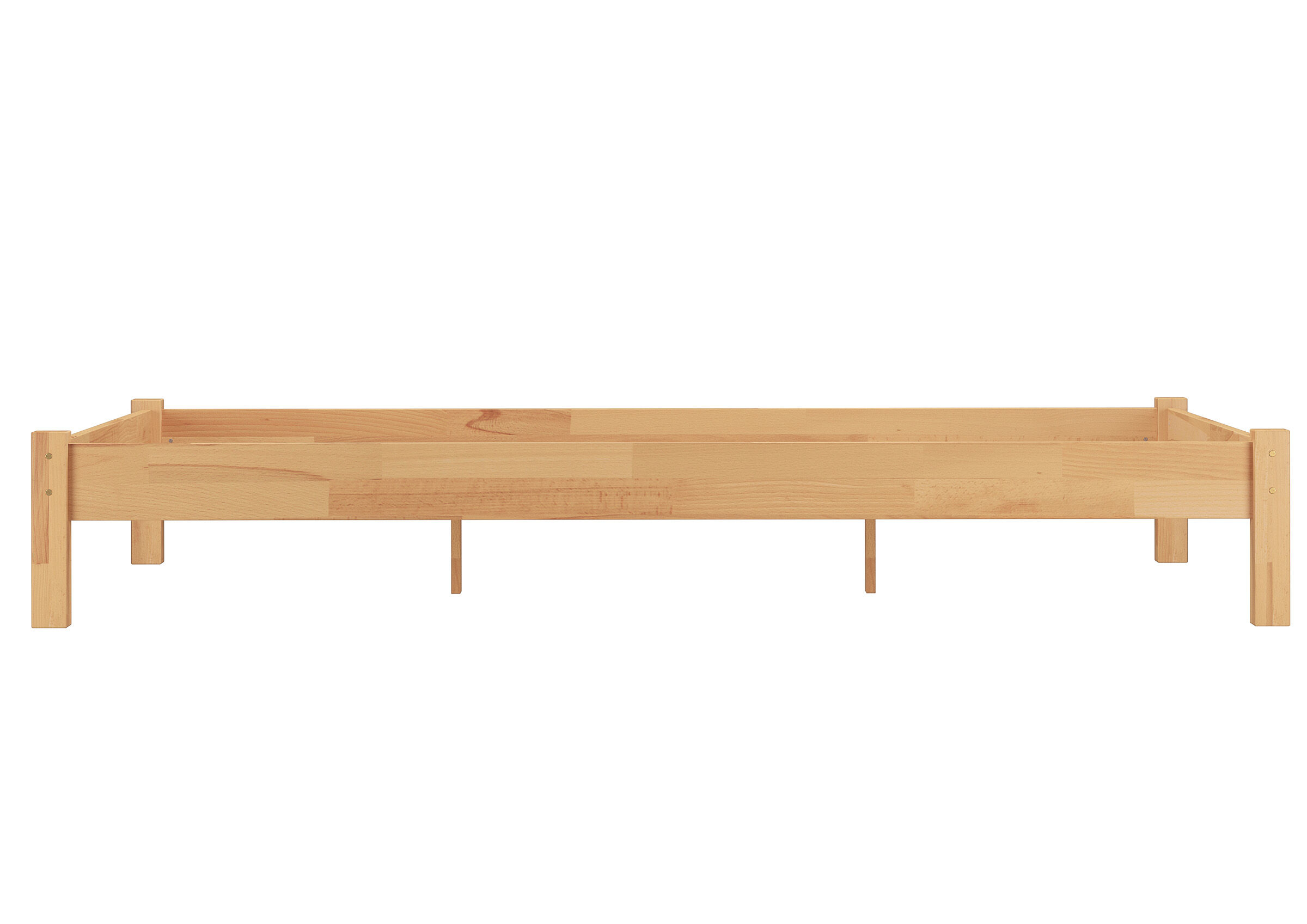 Holzbett, Holzrahmen, Bettrost, Holzbettgestell, Kopf- und Fußteil aus Holz, Seitenansicht Überlänge Bett Buche