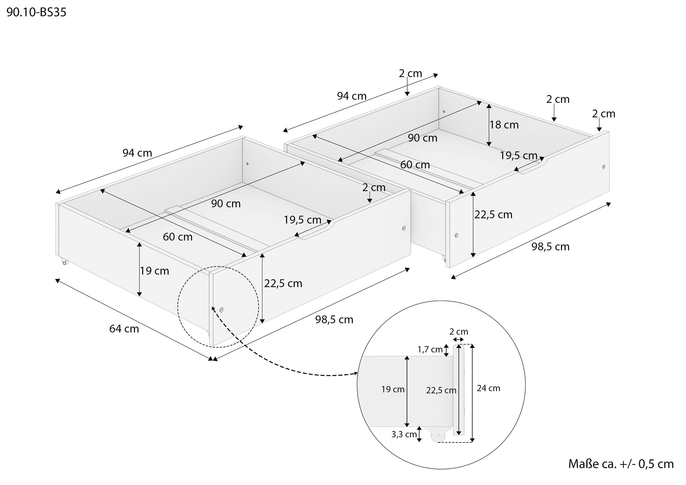 Schubladenbett, Ausziehbare Betten, Bettrahmen, Holzoptik, Maße 90x190, Maße den Schubladen