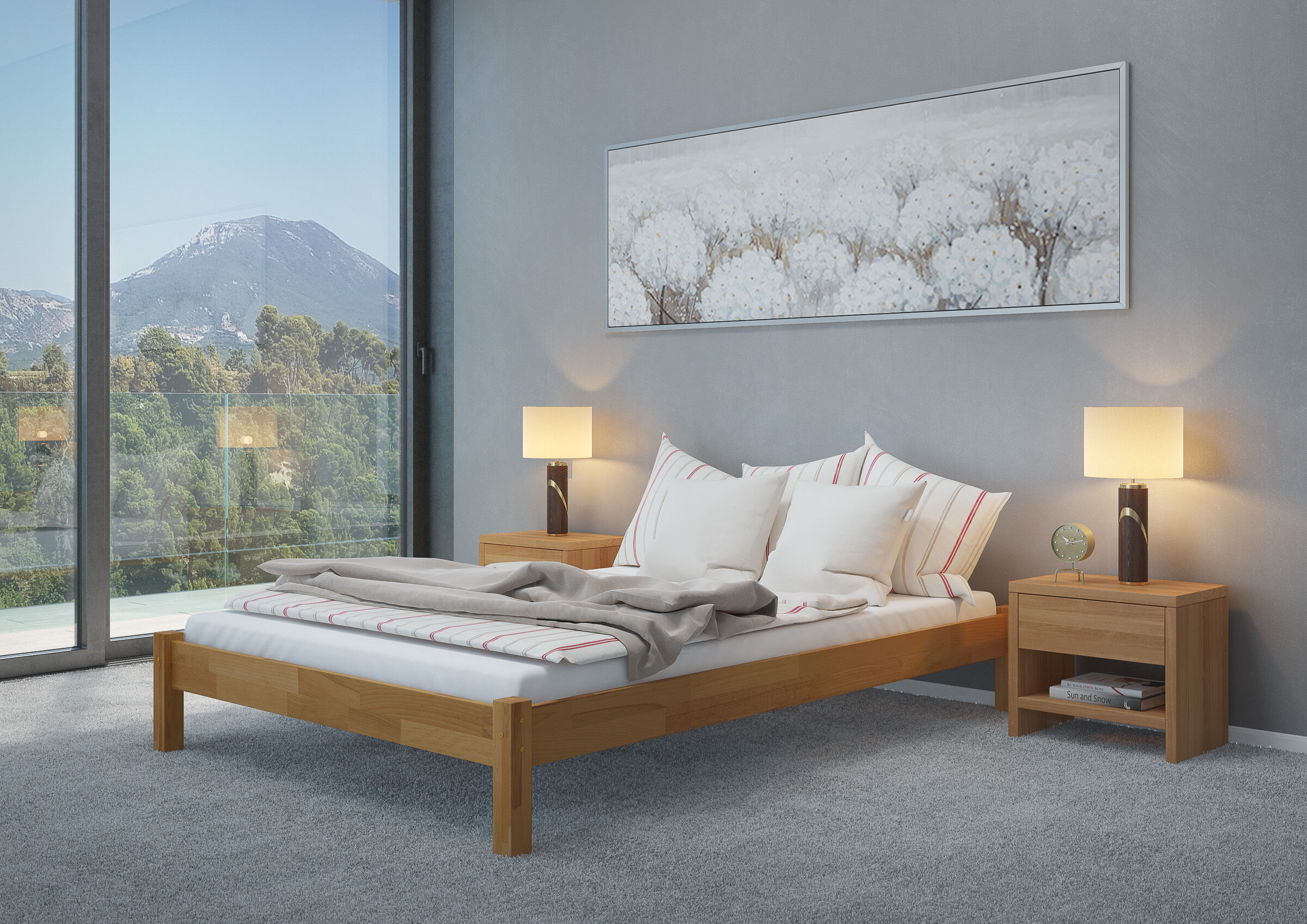 Bett, Holzbett, Bettgestell, Nachttisch, Fensterblick, Gästezimmer mit Buche Bett