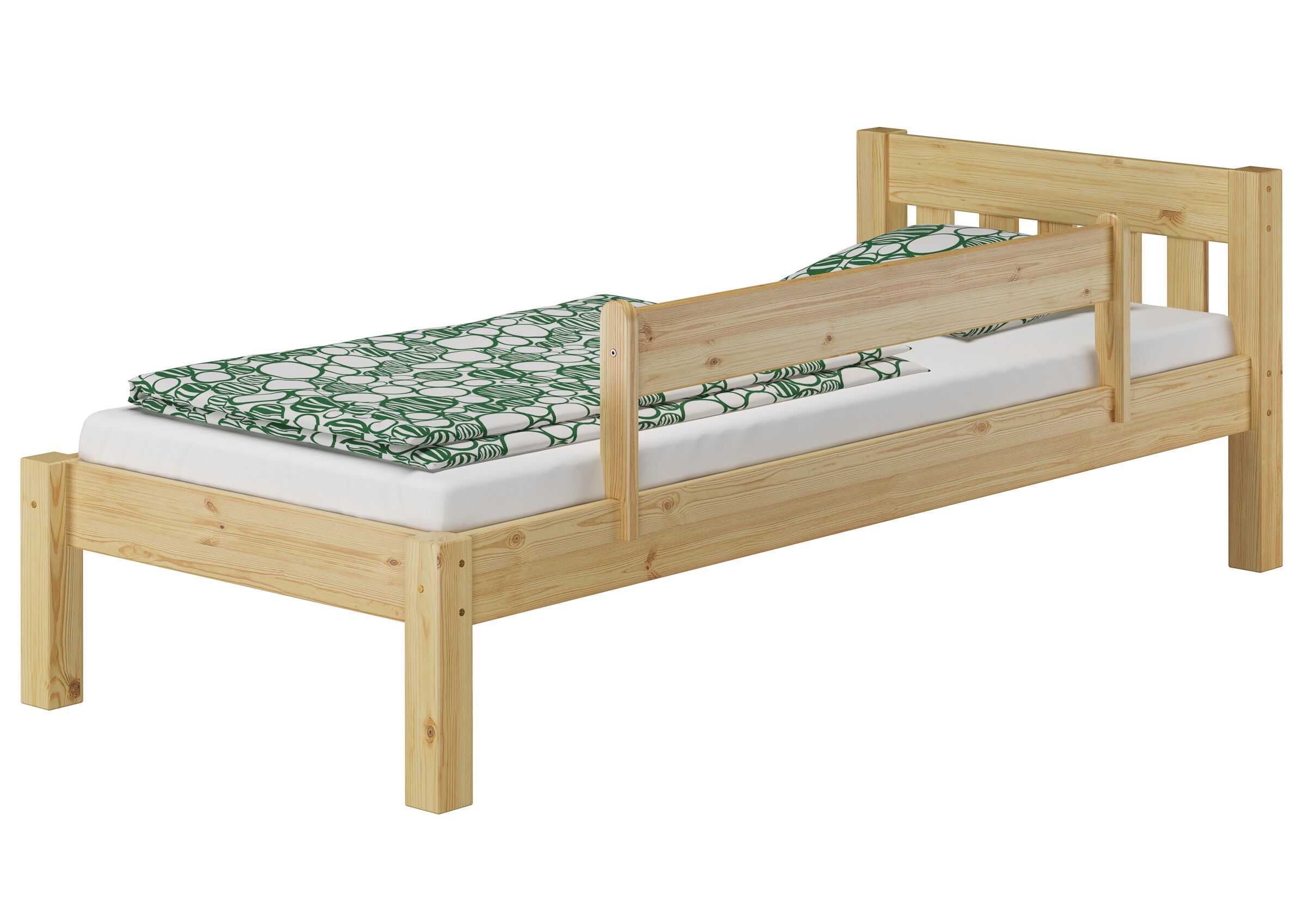 Holzbett, Einzelbett, Naturholz, Grünes Muster, Lattenrost integriert,