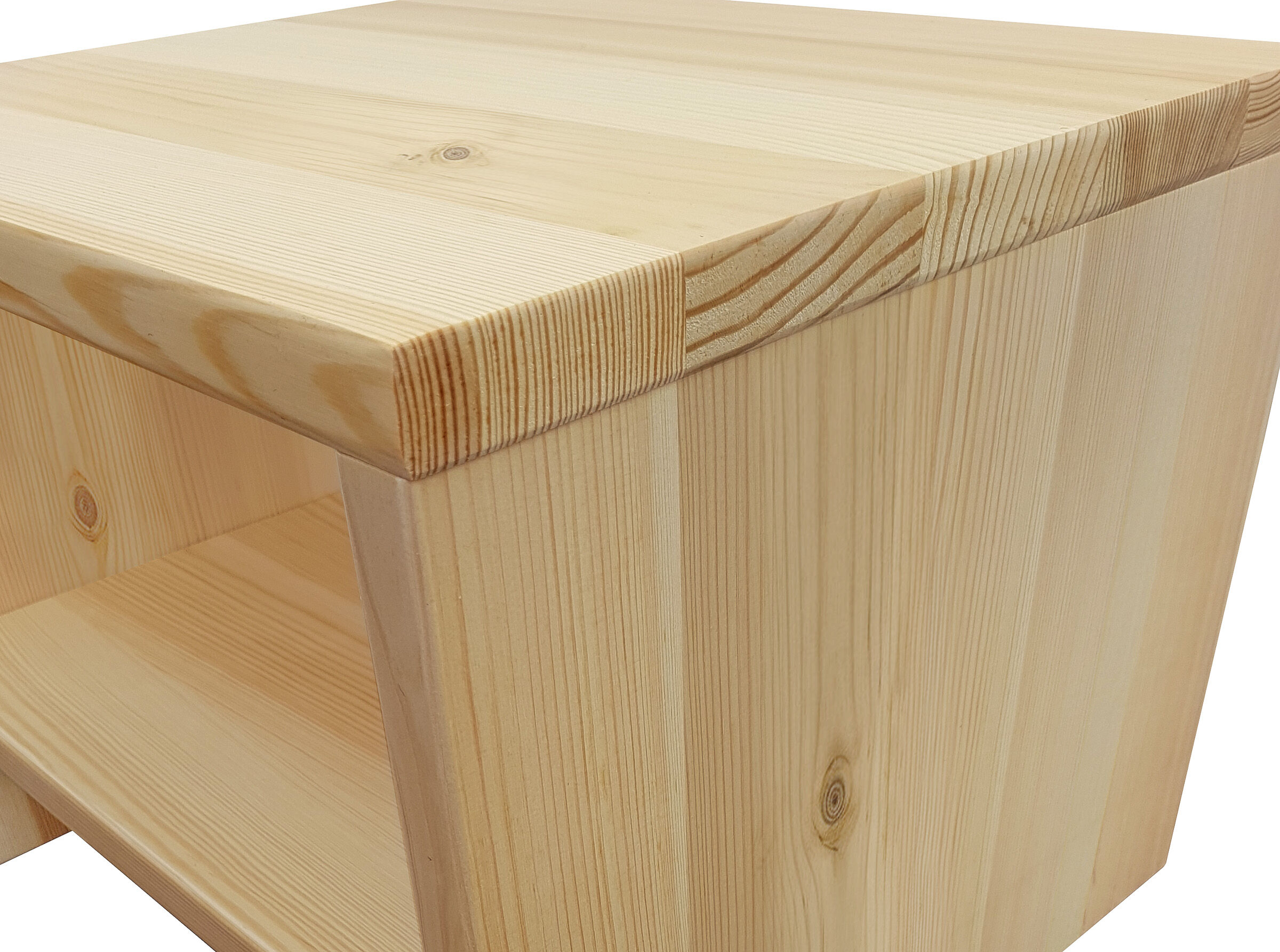 Holzbank, Schreibtischblock, Kiefernholz, Naturholz, Kastenauflage, Detailansicht Nachttisch Kiefer