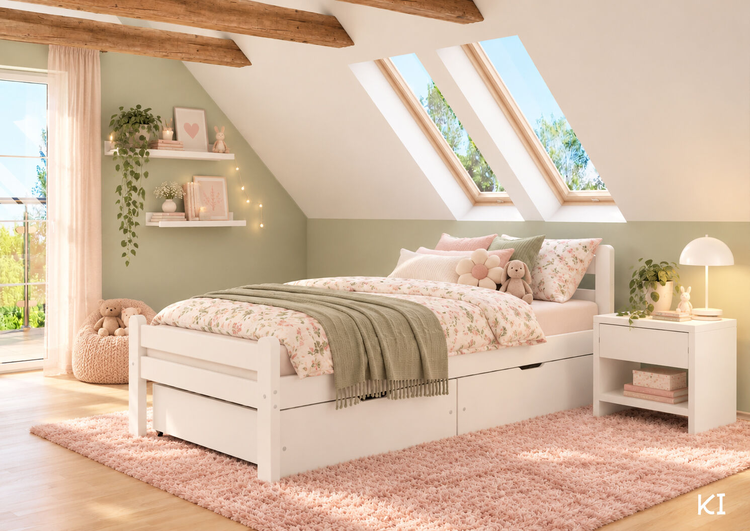 kinderzimmer, bett, puderrosa, pflanzen, plüschkissen, Kinderzimmer mit weißem Bett und hellgrünen Wänden
