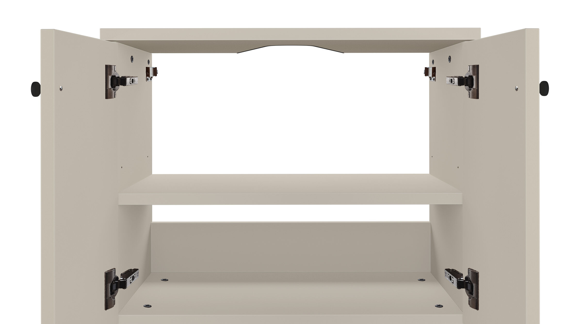 Küchen-Schrank, Schrankinnenraum, Unterschrankrahmen, Scharnier, Beige, Offene Bad-Kommode in kieselgrau