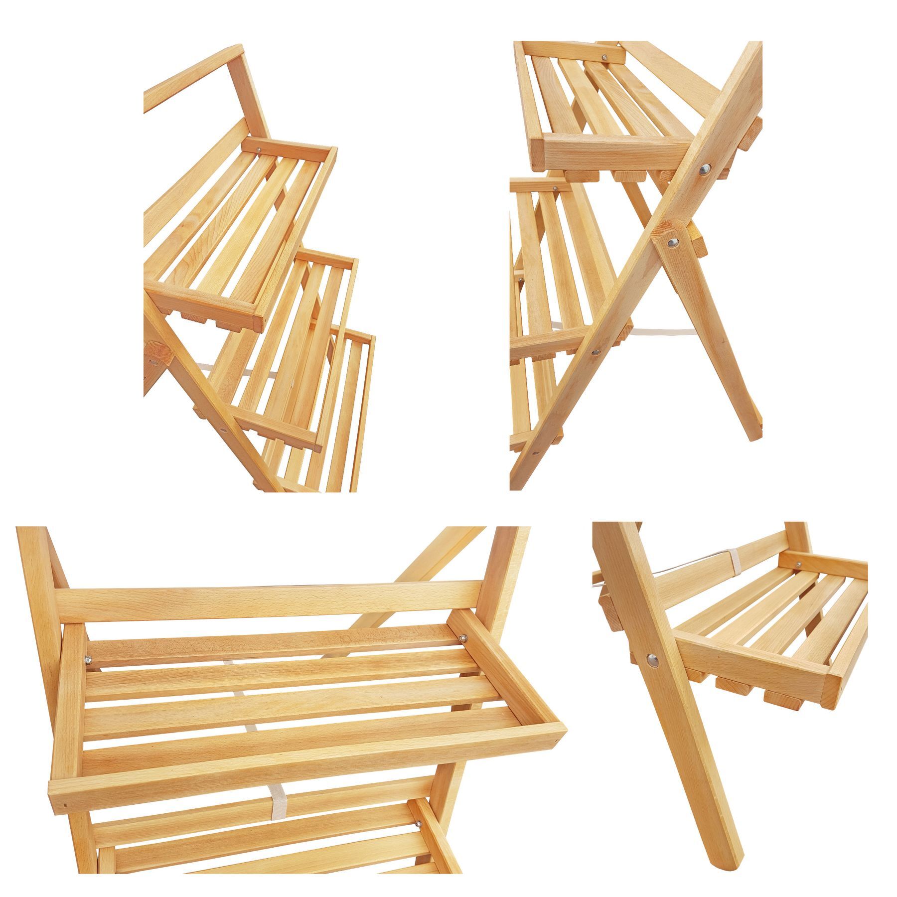 Holzstuhl, Holzleiter, Holzgestell, Holzstuhl-Set, mehrstufiger Sitz, Detailbilder des Kreuterregals