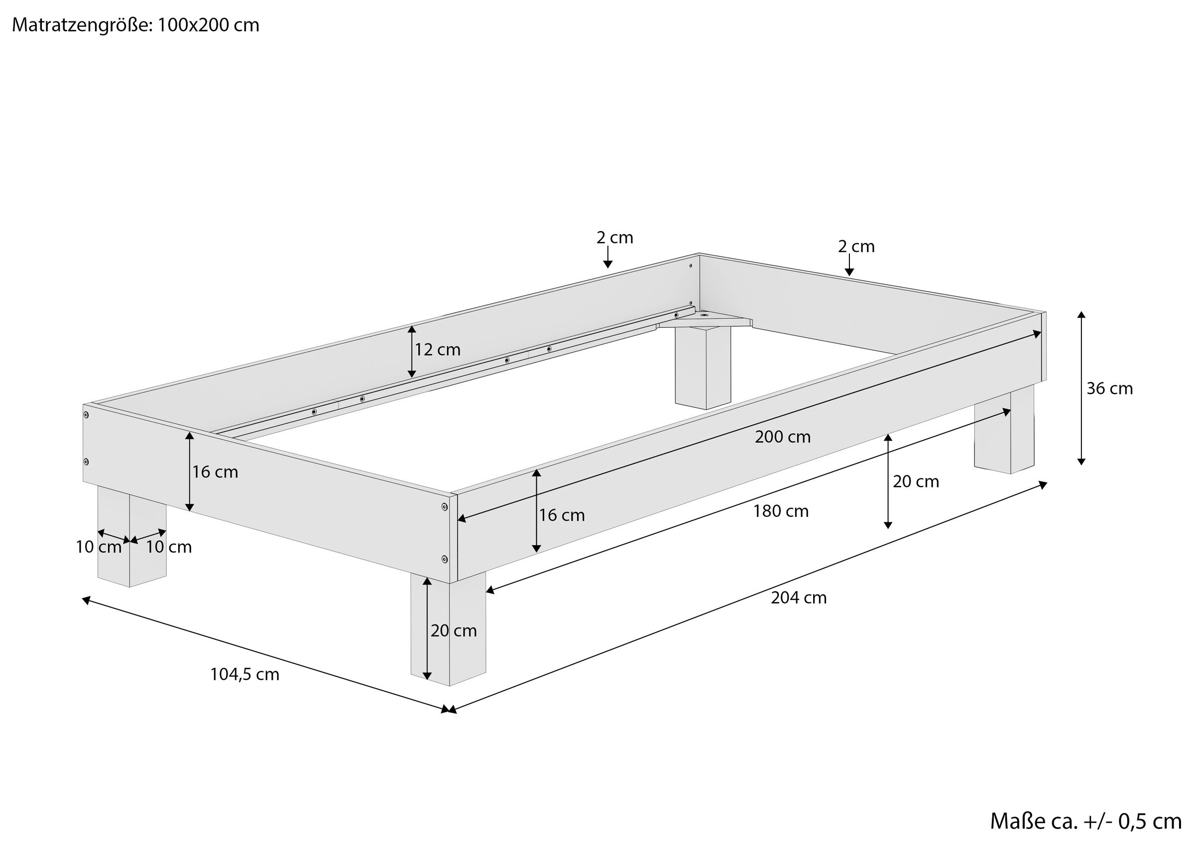 Einzelbett, Bettgestell, Holzbett, 200x? cm, Matratzenrahmen, Maßskizze Buchebett 100 x 200 cm
