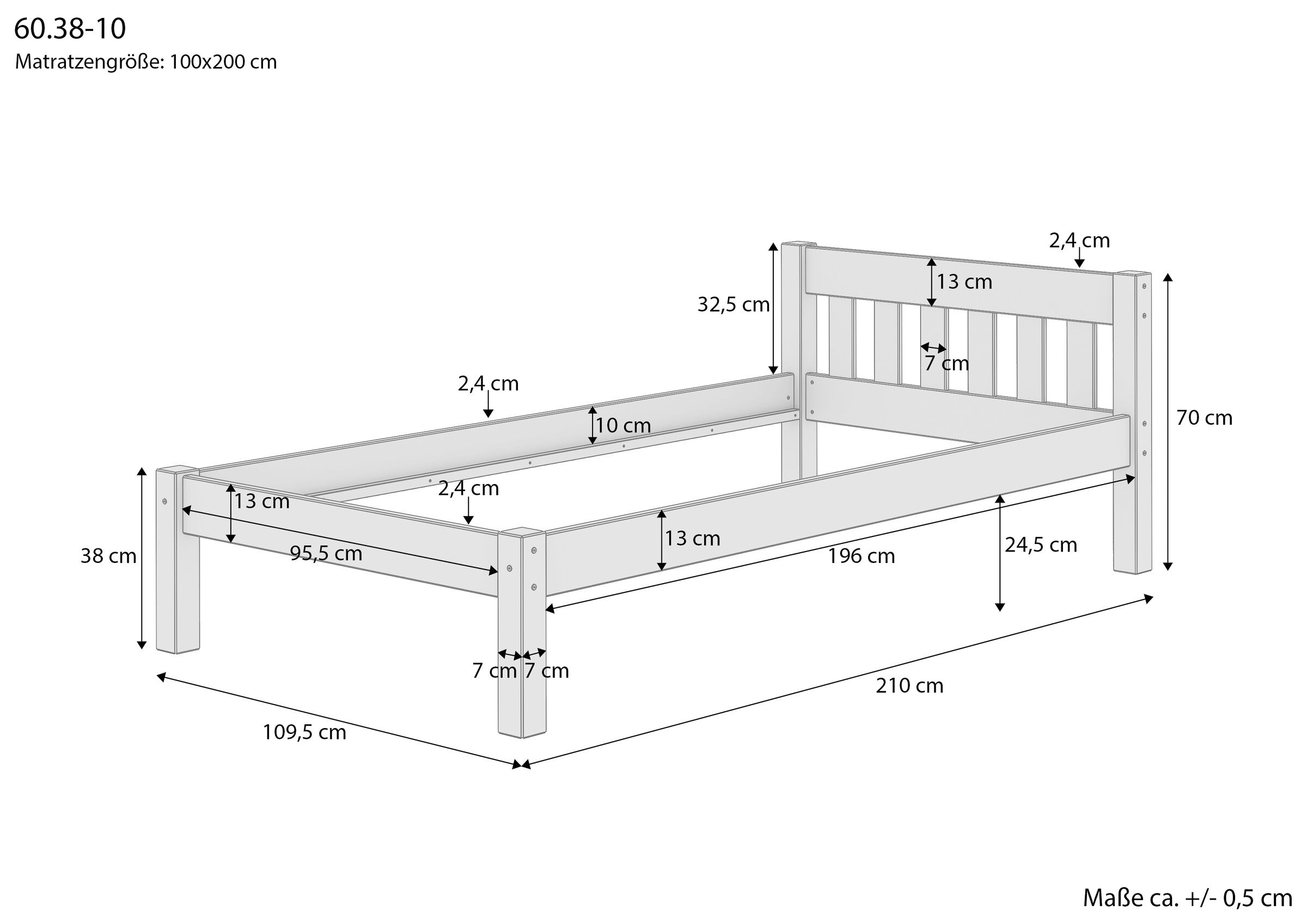 Birkenholz-Bett, Holzbett, Doppelbett, Kopfteil mit Lattenrahmen, Maße 210x90?, Maßskizze der Einzelbettes 100x200