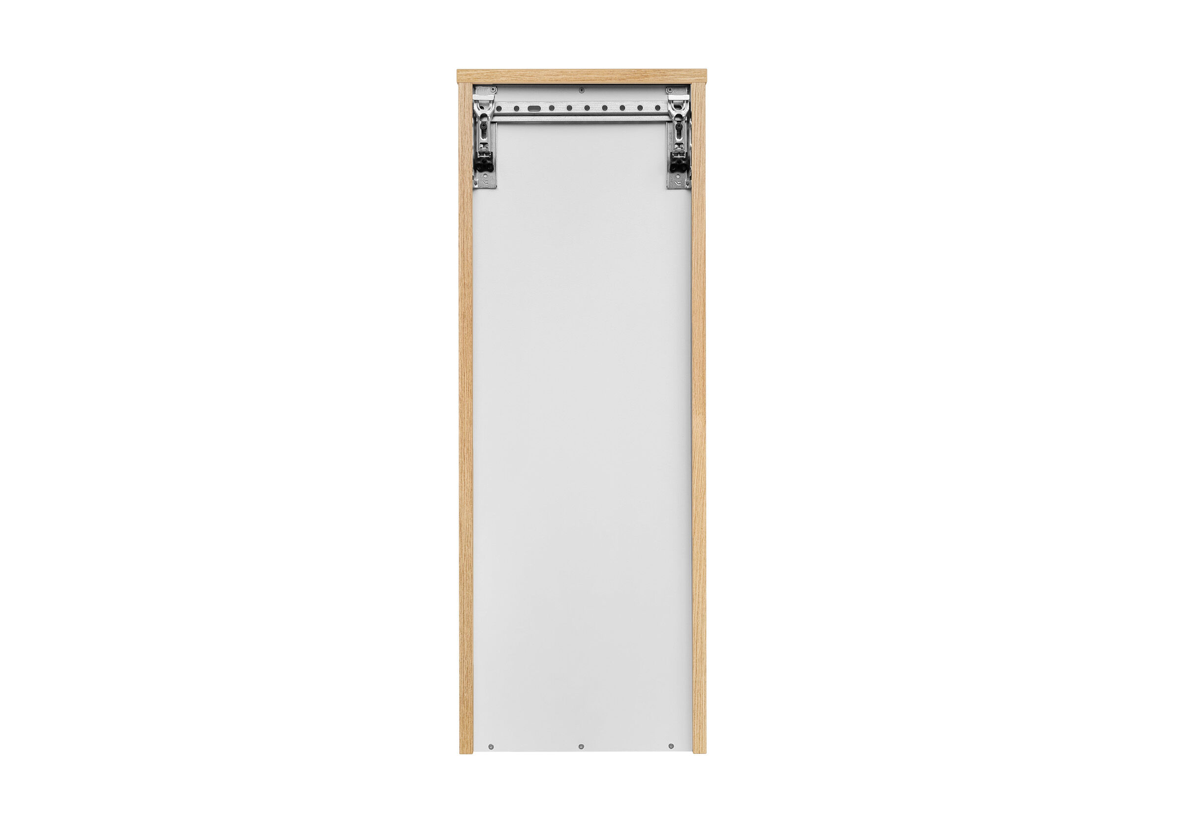 Korpus/Schranktür, Holzrahmen, Spannband, Magazinfach, Metallverschluss, Rückansicht Badschrank