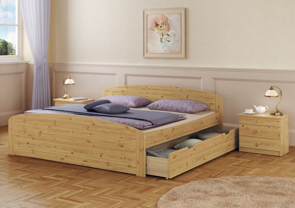 bettrahmen, holzbett, boxspringbett?, bett, nachtisch, Schlafzimmer mit Ehebett und Bettkästen Kiefer natur