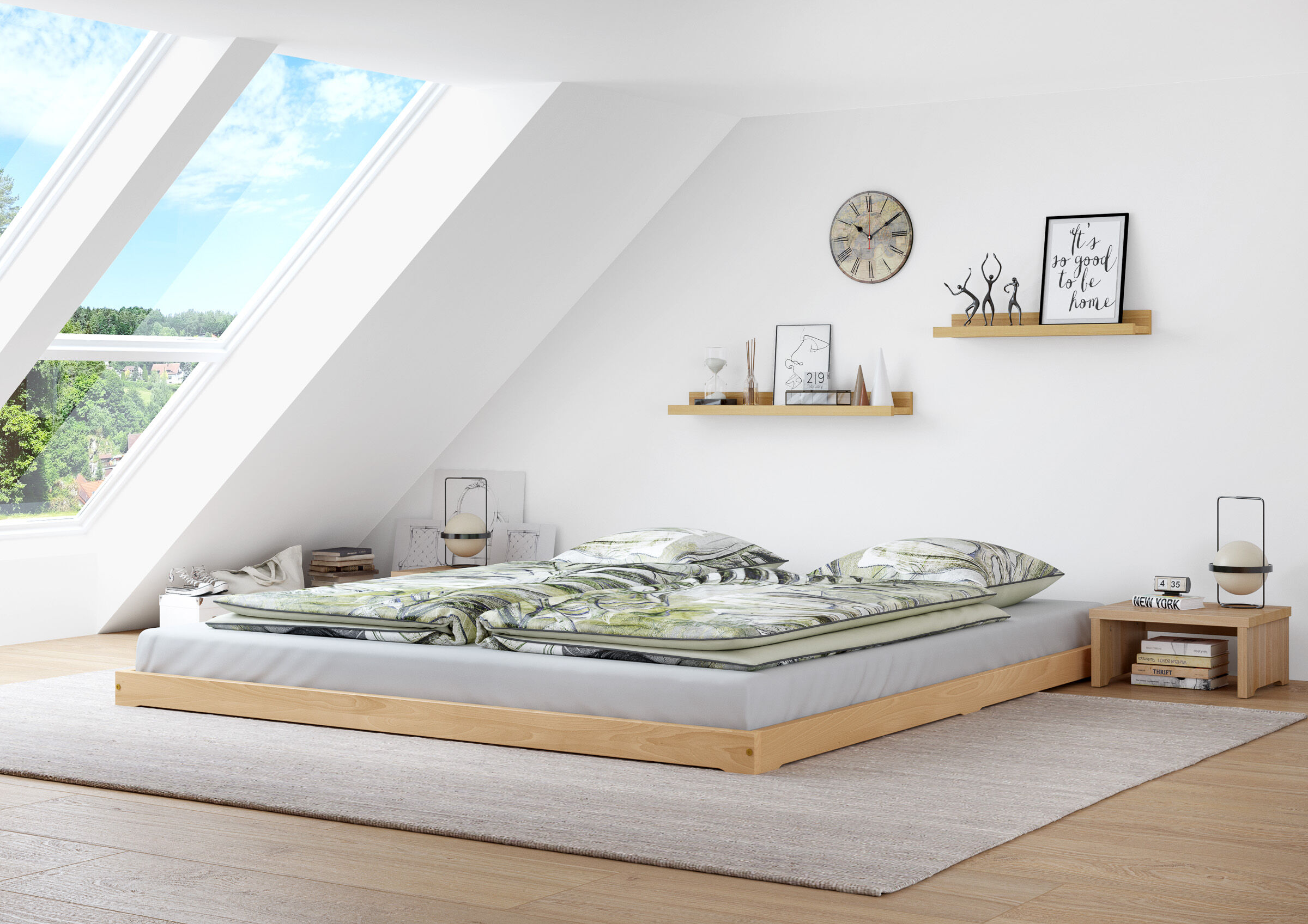 Bodenbett 180x200 extra Niedrig Niederflurbett Bodenbett niedriges Doppelbett 180x200 Buche Massivholz V-60.66-18