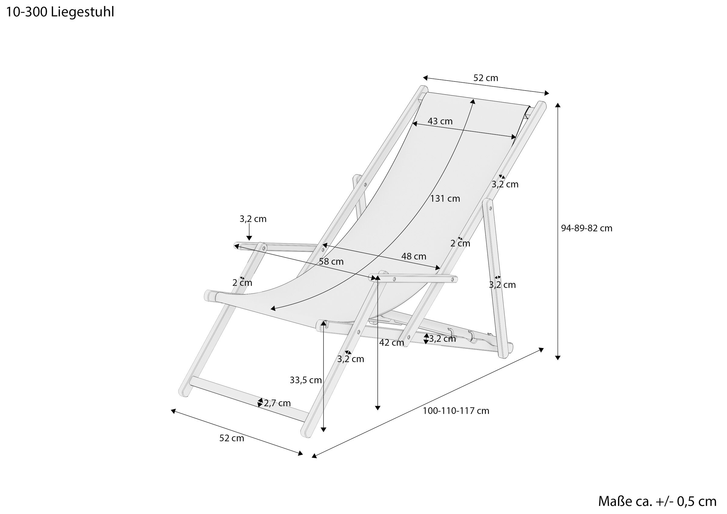 Liegestuhl, Strandstuhl, Holzrahmen, Verstellbar, Maße 100-117 cm, Maße des Klappstuhls aus Buche